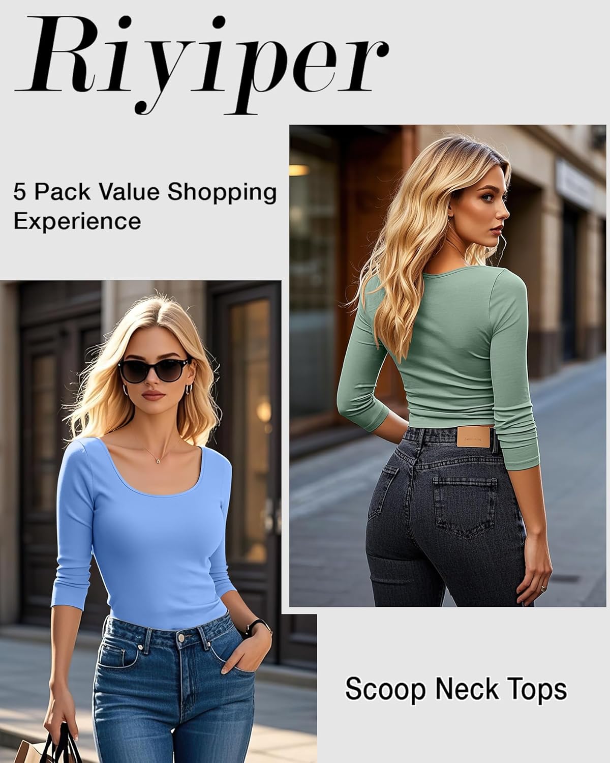 Riyiper 5 Pack Women's 3/4 Sleeve Shirts, Scoop Neck Tops Stretchy Slim Fit Basic T-Shirts Casual Athletic Tees - Image 4