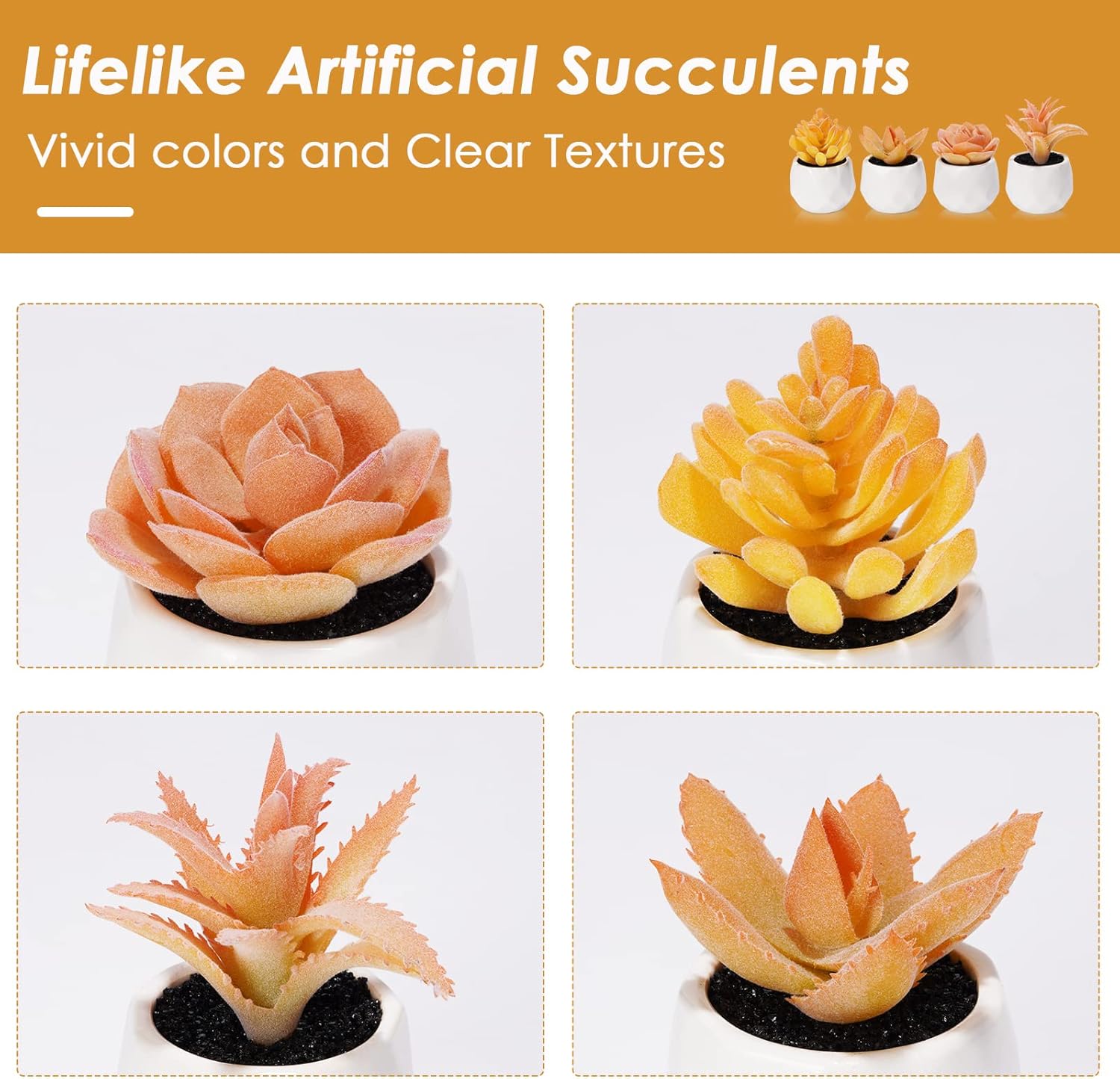 Tiita Artificial Faux Succulents in Pots, Mini Orange Fake Plants for Women Desk, Small Realistic Faux Succulents for Home Office Accessories Window Sill Bathroom Bedroom 4 Set, Orange - Image 4
