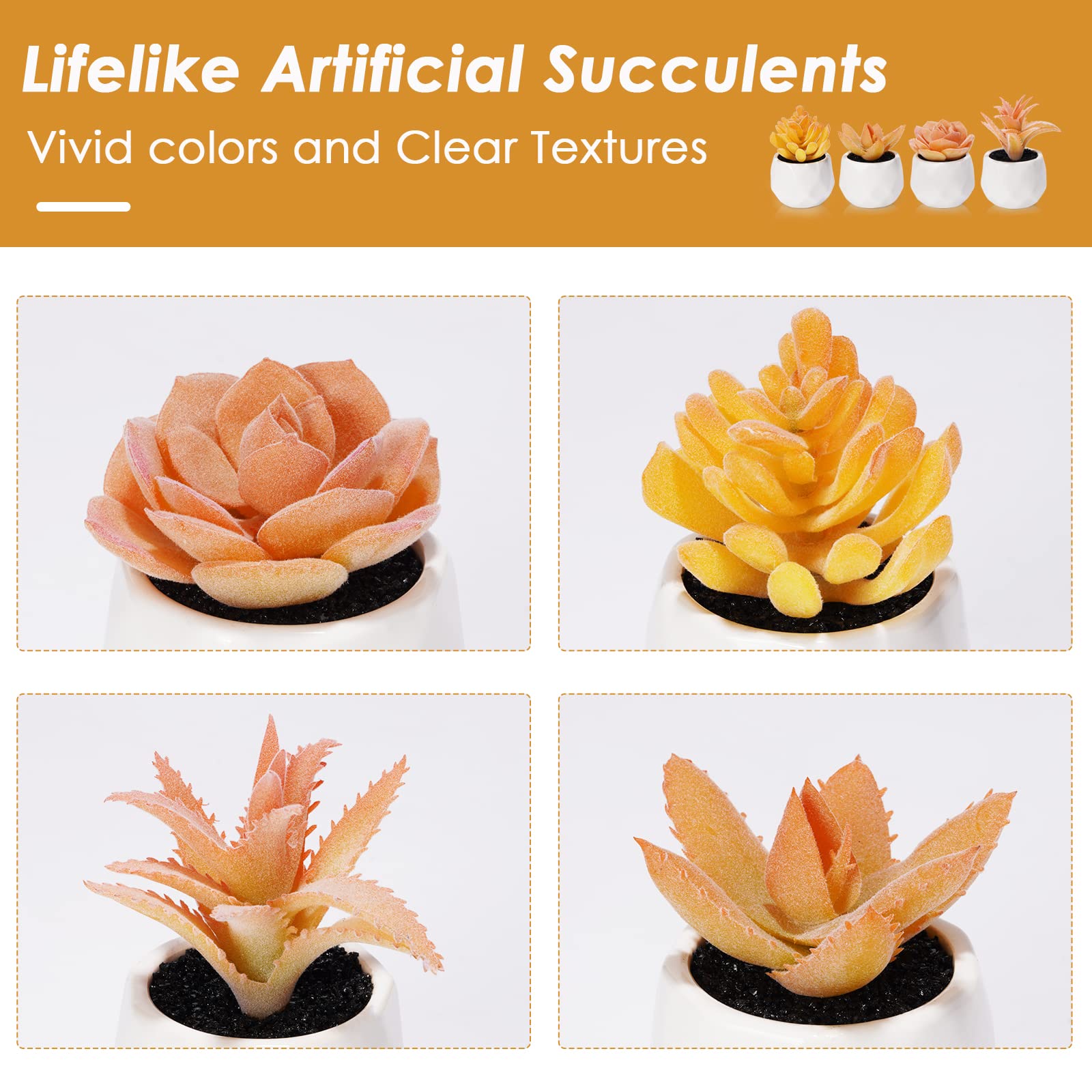 Suculentas artificiales artificiales en macetas, mini plantas falsas naranjas para escritorio de mujer, pequeñas suculentas realistas para accesorios de oficina en casa, alféizar de ventana, 3