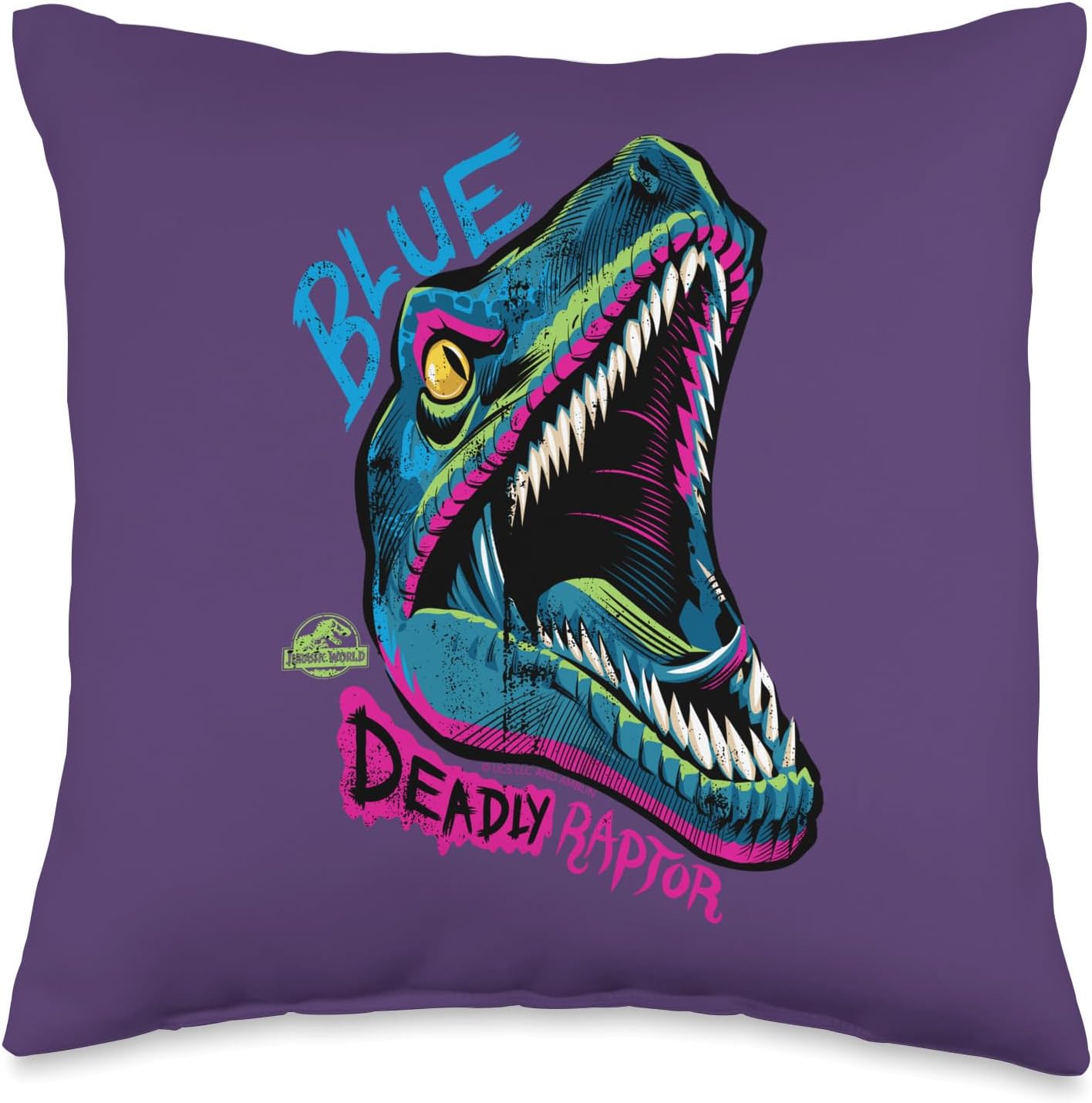 Jurassic World Neon Blue Deadly Raptor 90's Style Throw Pillow