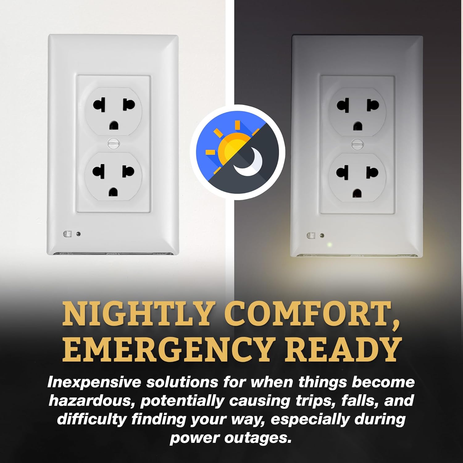 Lighted Outlet Cover Plate, Optional LED Night Light, Wall Outlet Cover & Backup Lighting for Power Failure, White Duplex Wall Plate Cover, 6-Pack Plug Covers for Electrical Outlets