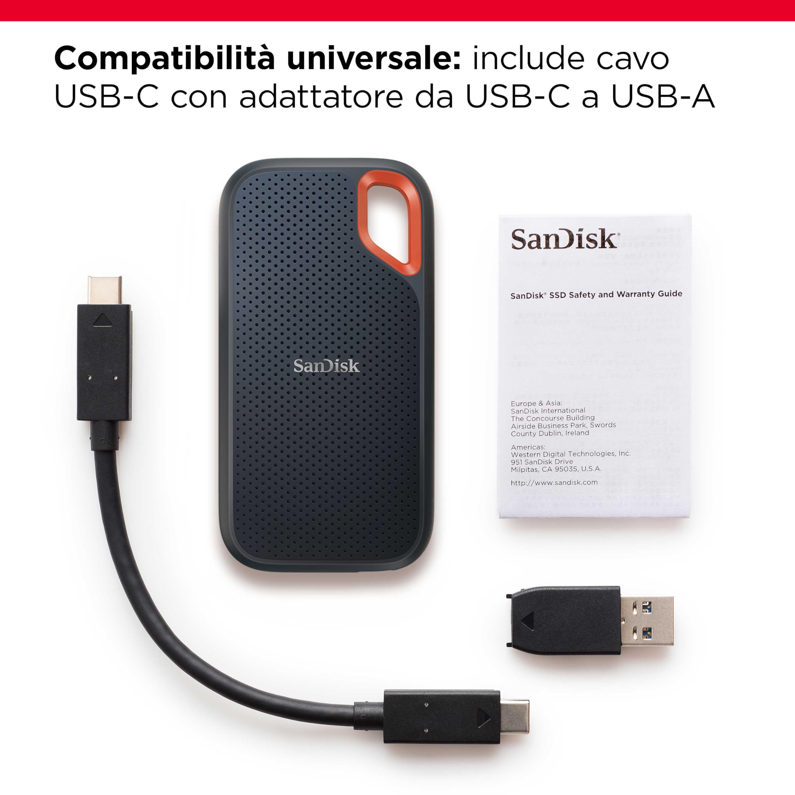 SanDisk 2TB Extreme SSD portatile, Unità a stato solido NVMe esterna, fino a 1050 MB/s, USB-C, USB 3.2 Gen 2x2, Indice di protezione IP65 per la resistenza ad acqua e polvere, Nero