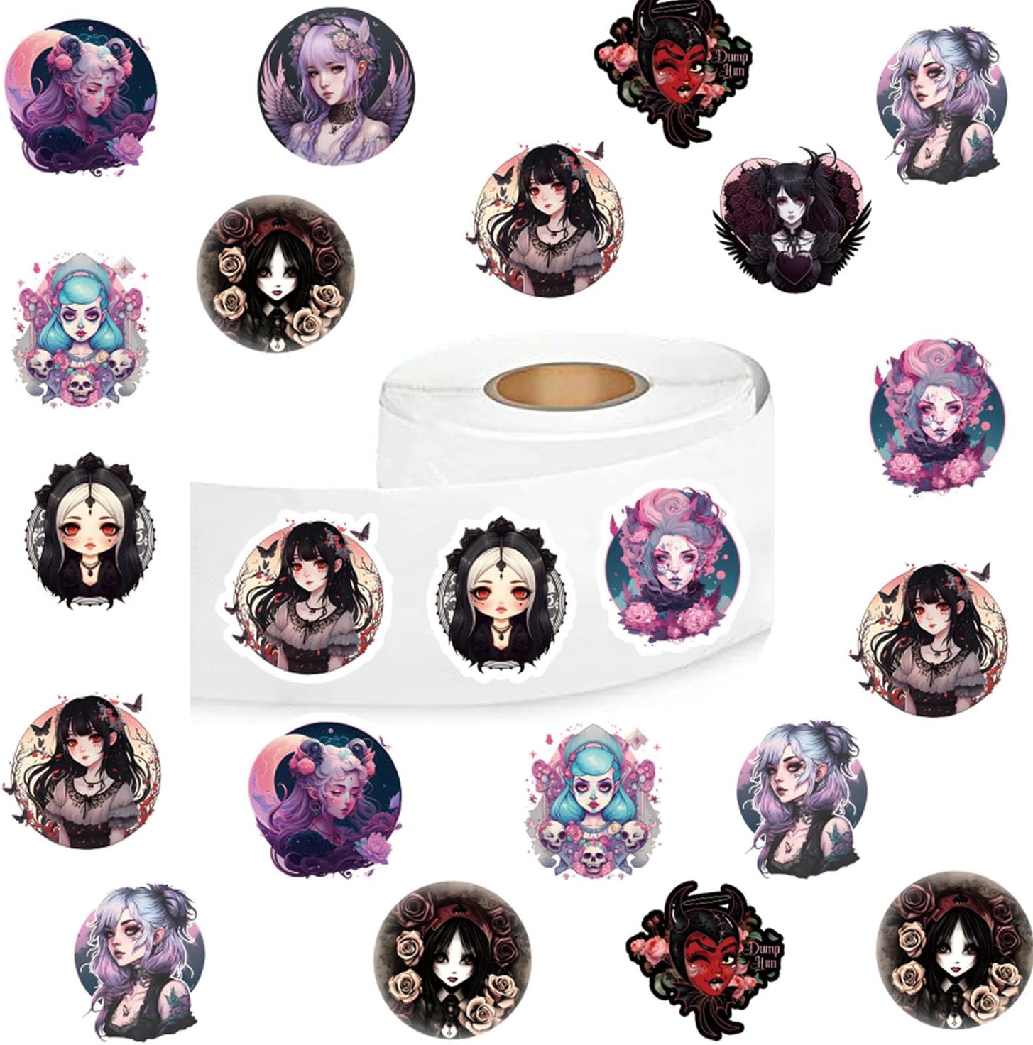 Goth Girl Stickers (500 pcs), 10 Sheets Graphic Horror Cartoon Decal Roll Self Adhesive Seals for Birthday Party Decoration Water Bottle Laptop Scrapbook Cards Envelope