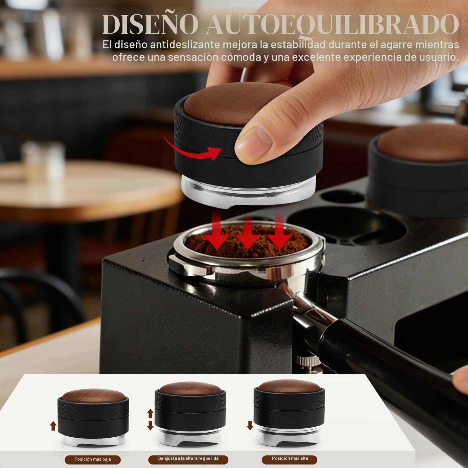 Tamper Café 58 mm Profesional, Dispensador de polvo de 58 mm y Alfombra de silicona – Kit Barista Premium para Espresso, Base Inox, Mango Madera, Herramienta de Tasado Compatible con Portafiltros, 58