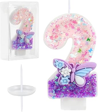 Birthday Number Candles Pink and Purple Butterfly Birthday Candles for Cake Glitter Number 2 Candle Cake Topper with Sequins for Girls and Women Anniversary Celebrations Supplies