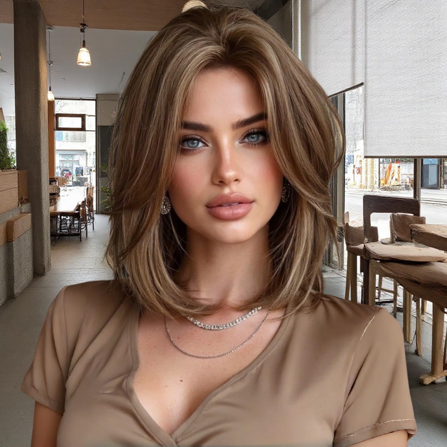 Stardrop Short Straight Brown Bob With Center Part Layered Bangs Human Hair Wigs For Mature Women Natural Glueless Lightweight Daily Wear (Brown,14inch)