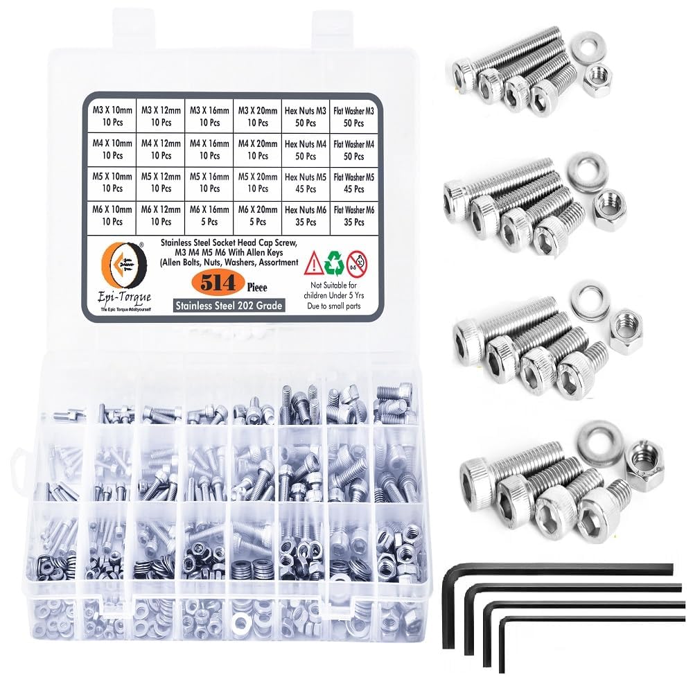 Epi-Torque M3 M4 M5 M6 Stainless Alloy Steel 202 Grade Socket Head Cap Screws Nuts Allen Bolt Washer with Allen Keys Assortment Kit Set with Storage Box Pack of 514 Pcs