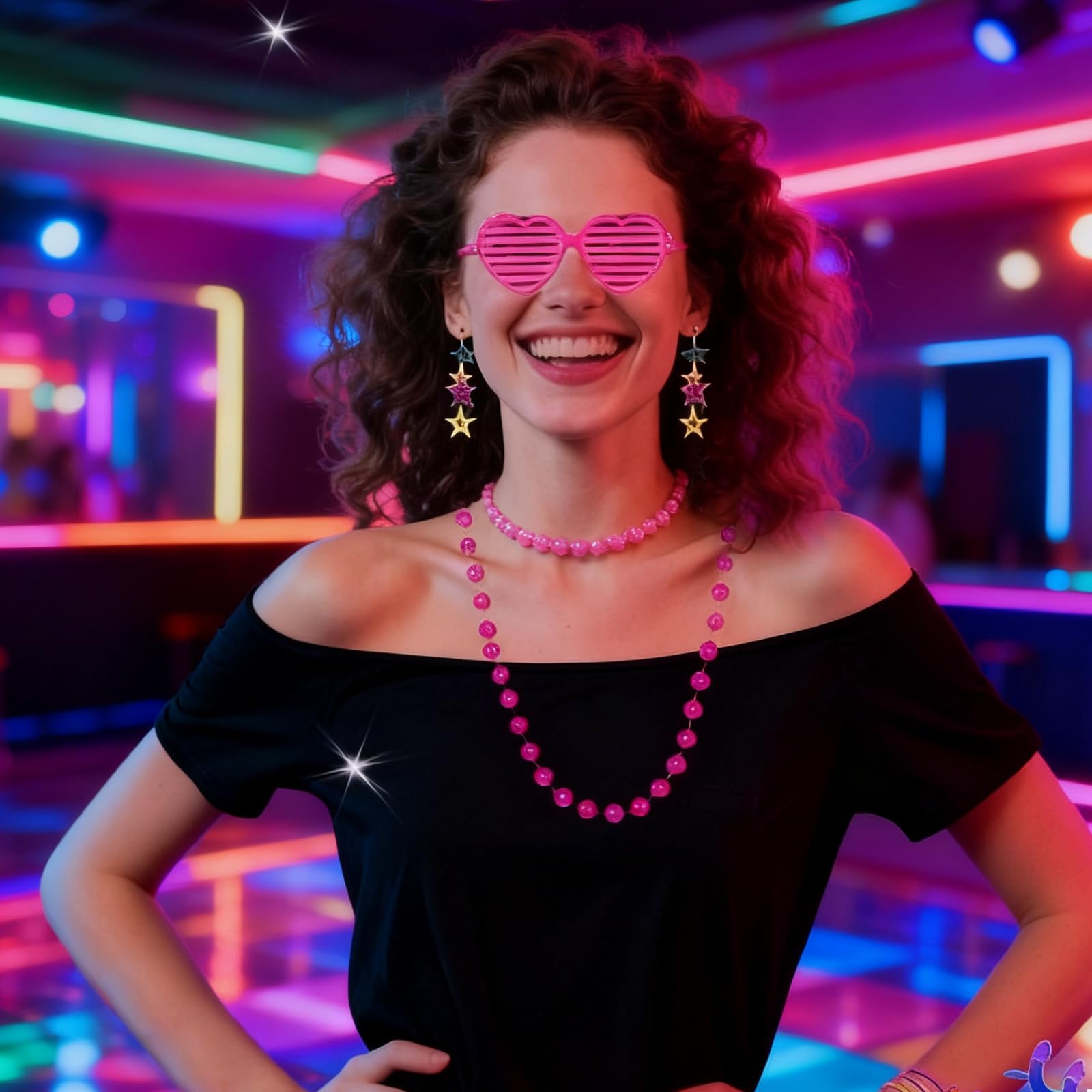80s Fancy Dress for Women Girls,1980s Fancy Dress Costumes Accessories,80s Party Rainbow Costume Accessor Set,Neon Leg Warmers Fishnet Gloves Glasses Earrings Necklace Headband for Retro Outfit Party - Image 3