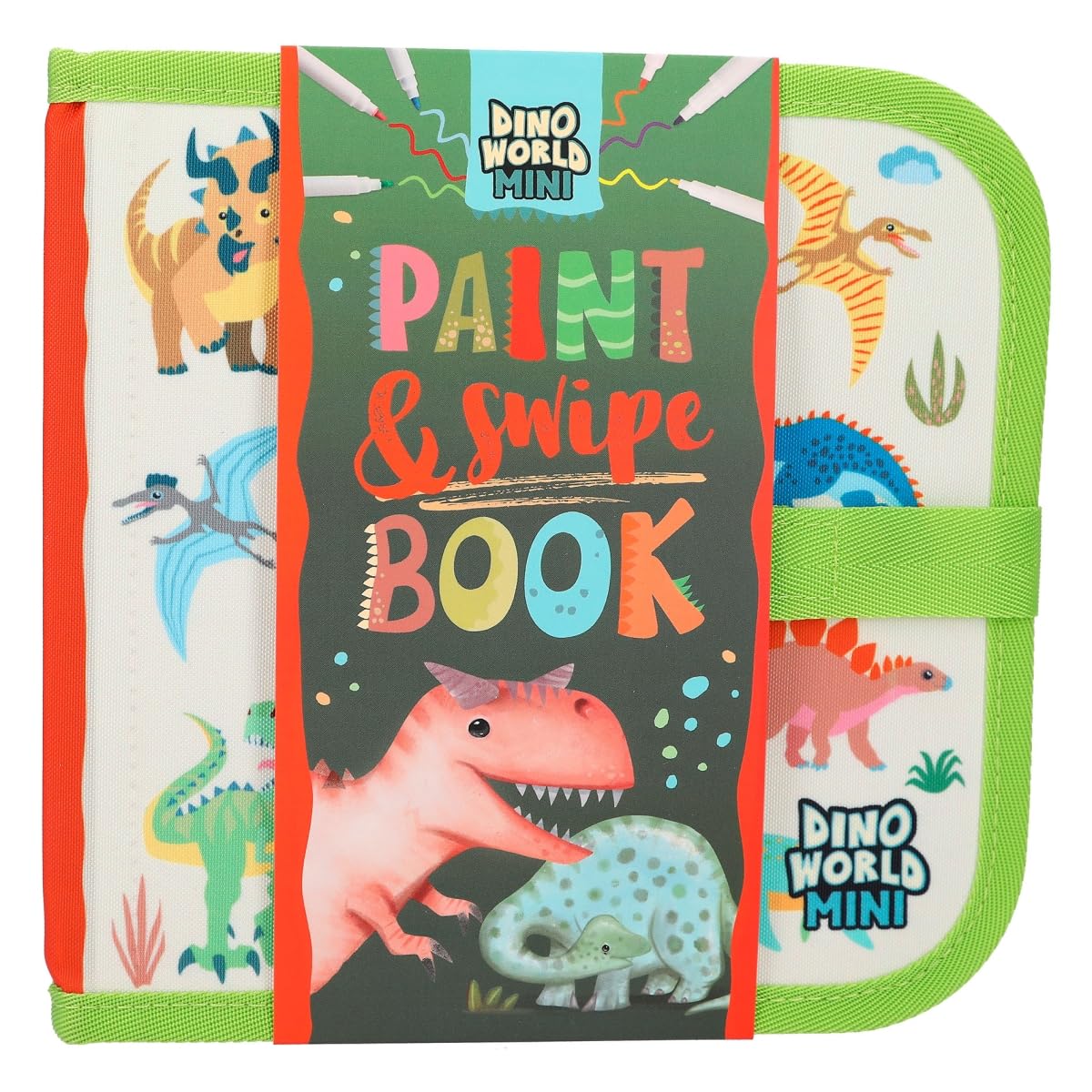 Depesche 12101 Dino World - Paint & Swipe Book, Libro para Colorear con páginas Que se Pueden Limpiar, Incl. 6 rotuladores de Punta Fibra