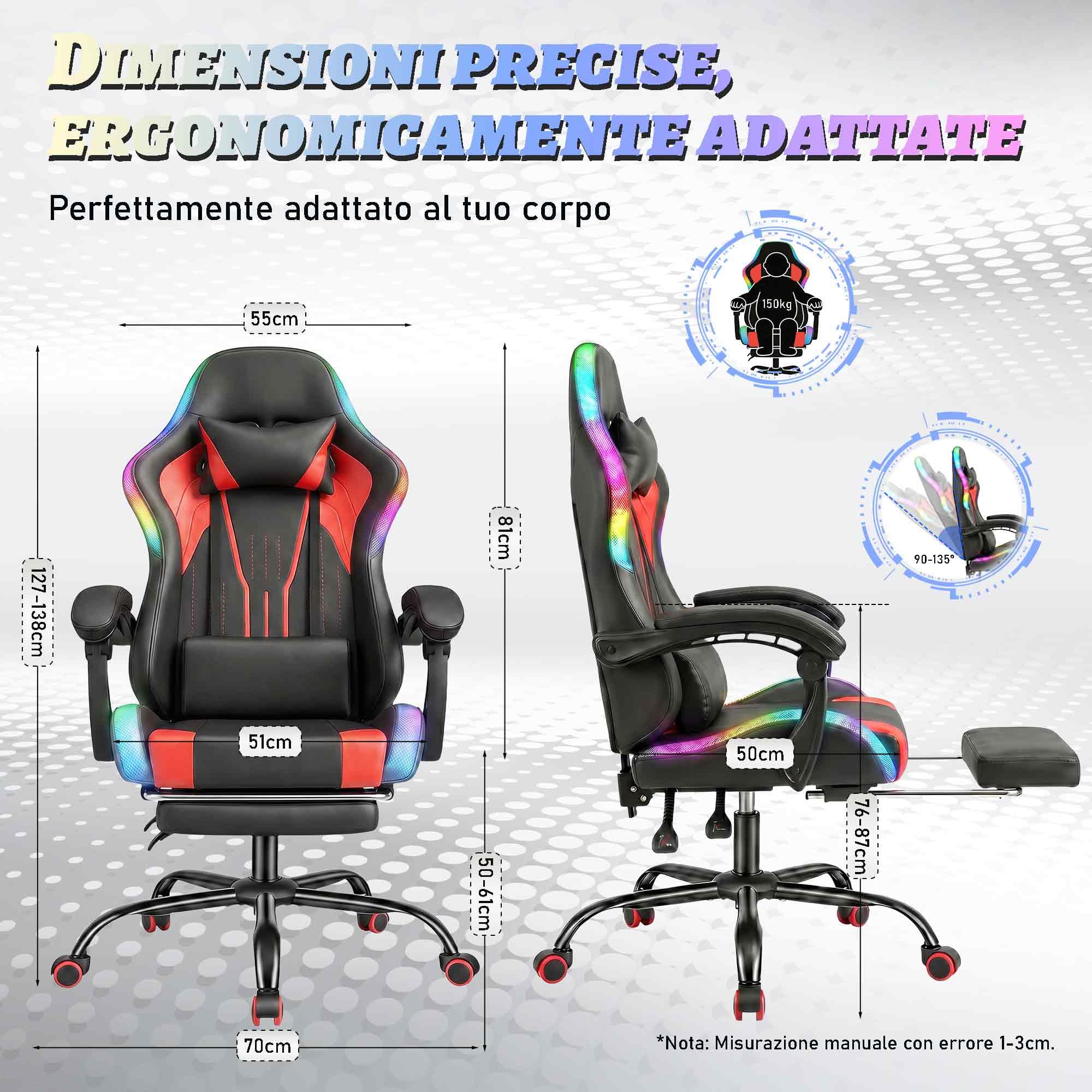 TRIUMPHKEY Sedia da Gioco con Luce RGB LED di Stile Gaming, 366 Modalità di Effetto Luminoso, Tela PU Resistente alla Sporco, Braccioli Sincronizzati, Cuscino Lombaire a Massaggio USB (Rosso)