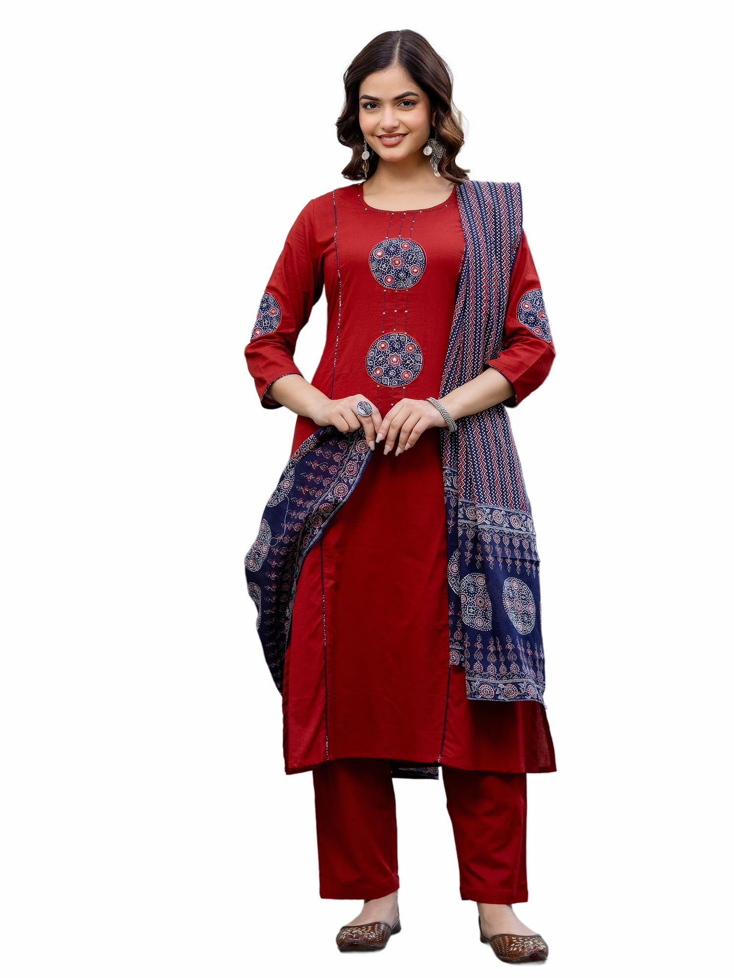 indo era Women's Pure Cotton Geometric Printed A-Line Kurta & Palazzo With Dupatta Set (IESTR12514)-picture-24