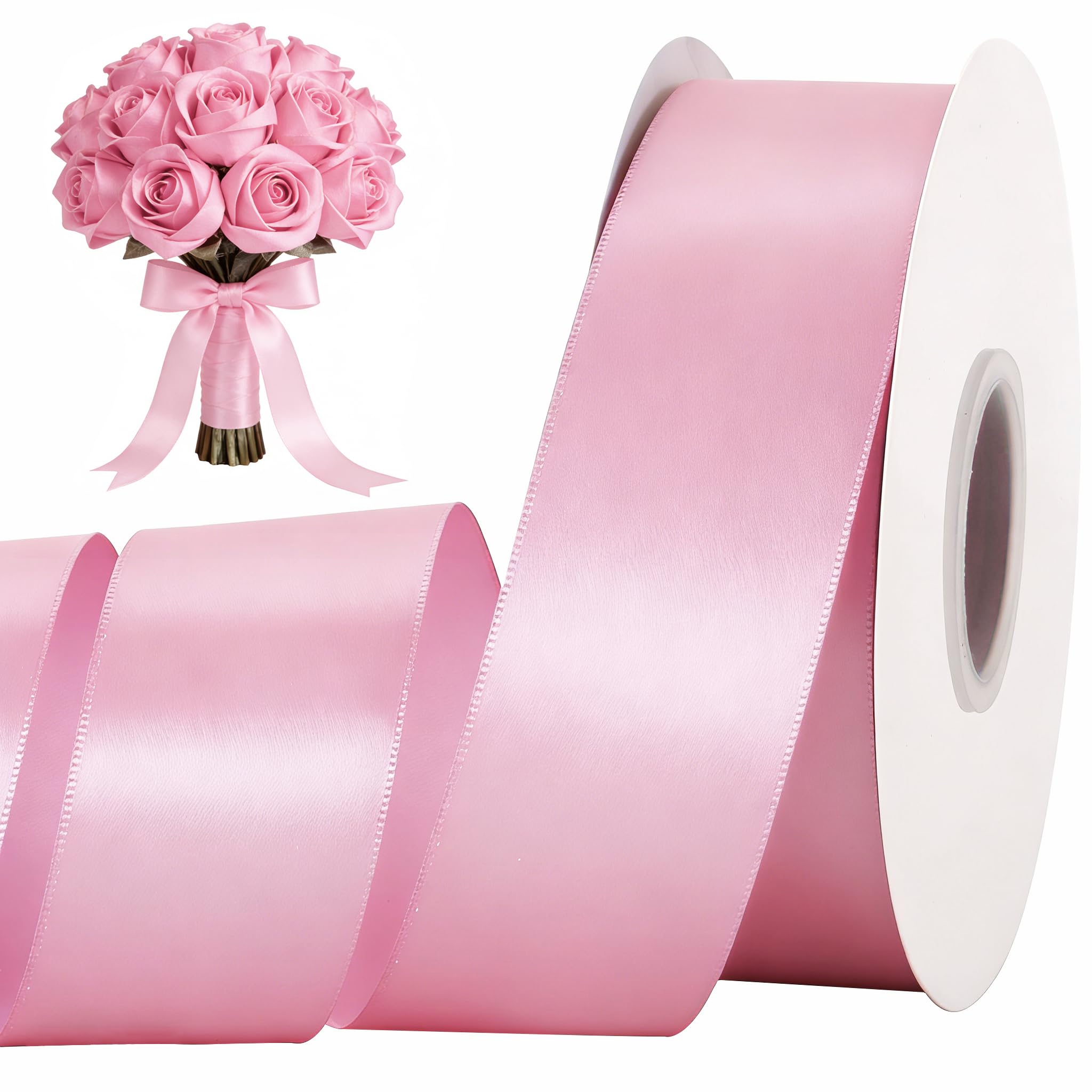 TONIFUL 1-1/2 Inch (40mm) x 100 Yards Baby Pink Wide Satin Ribbon Solid Fabric Ribbon for Gift Wrapping Chair Sash Valentine's Day Wedding Birthday Party Decoration Hair Floral Craft Sewing — image 1