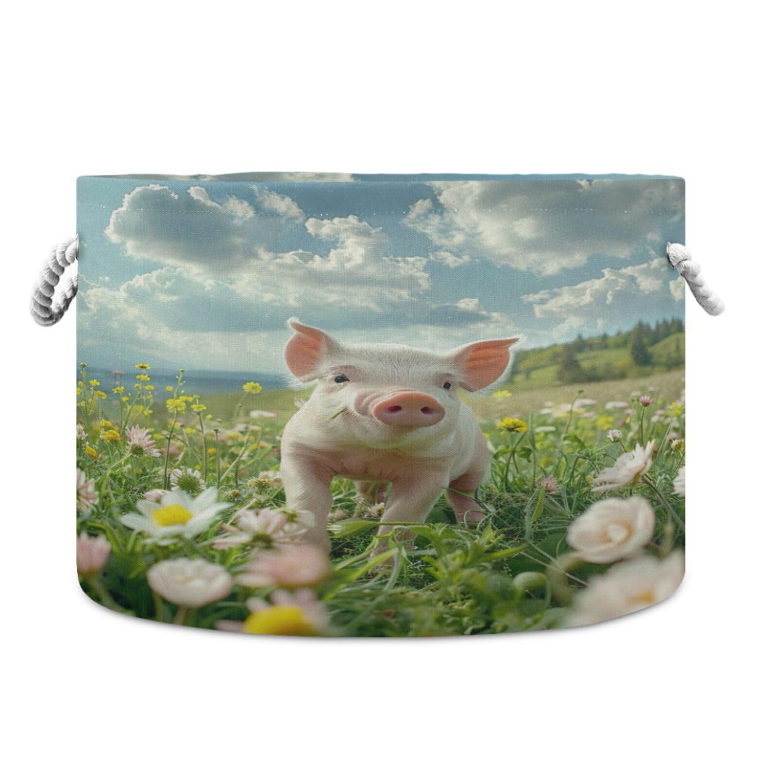 Jihqo Little Pig in Field Storage Basket Cotton Rope Baskets for Closet Fabric Laundry Baskets with Handle for Toy Home Office Room Organizer