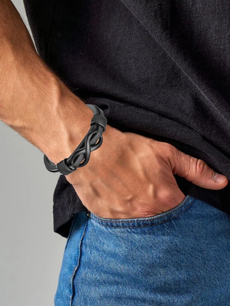 Infinity Bracelet for Men,Stainless Steel Silver/Black Men Infinity Leather Bracelet Wristband Cuff Bracelet 21 cm / 8.26 inches