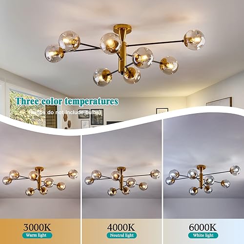 Miniatura 4 de FGSADI Sputnik - Lámpara de techo semiempotrada de 8 luces candelabro moderno de mediados de siglo con globo de cristal iluminación de techo negro y