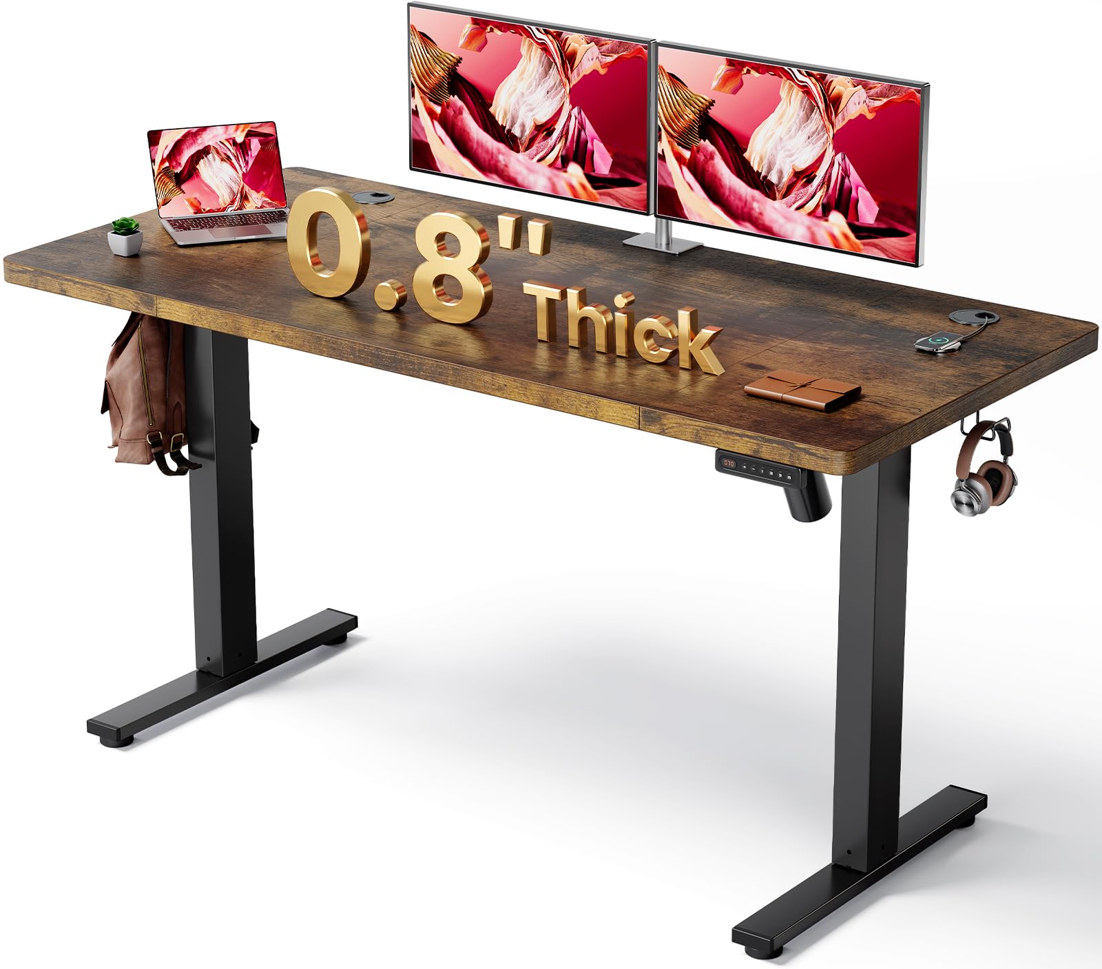 Brown 47x24 in Electric Standing Desk, 0.8 Inch Thick Tabletop | Holds 200lbs, Sit Stand, 3 Memory Height Adjustment, Extra Deep Table Top, Black Frame Rustic Brown Top / Black Frame 47 x 24 Inch