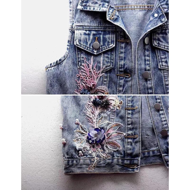 Runstarshow Armlose Denim-Westen für Damen, Knopfleiste, bestickt Blumenmuster, Retro-Jeansjacke, elegant, S-XXL/EU 34-44