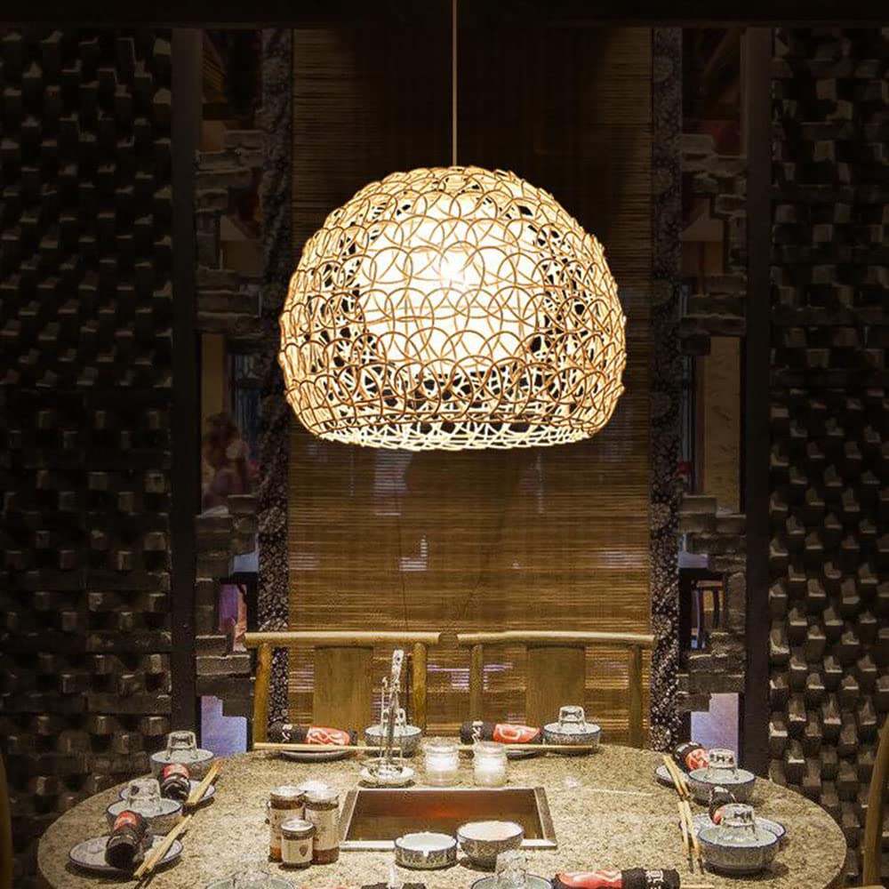 LYMSXAZOU Modern Handmade Chandeliers Rattan Wicker Ceiling Hanging Light Natural Hollow Lantern Pendant Lamp Shade E27 Lighting Fixtures single Head Chandelier For Living Room,Dinner Room