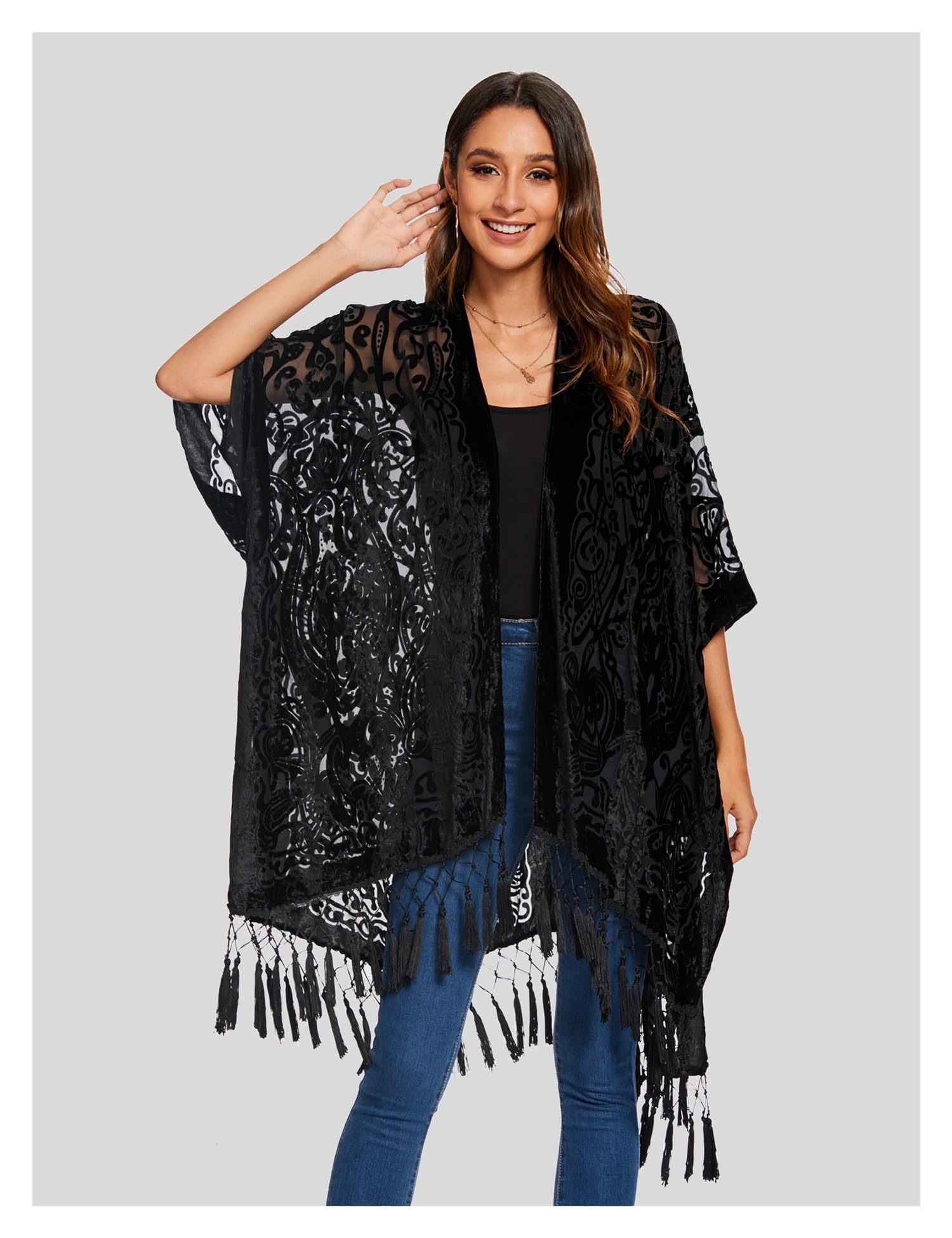 Kimono da donna in peluche bruciato, cardigan lungo con nappa, copertura da spiaggia, camicia casual scialle in chiffon