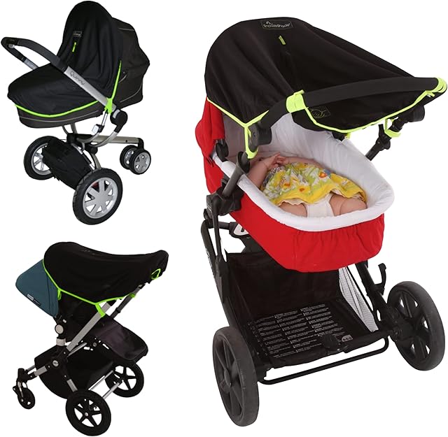 SnoozeShade Original (0-6m) | Universal fit Baby pram, carrycot and Buggy Sun Shade | Blocks 99% UV | Pushchair Blackout Blind Helps Baby Sleep on-The-go | Best-Selling Safety Green Trim