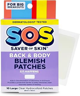 SOS SAVER OF SKIN® Back and Body Patches - 10 Count Hydrocolloid Acne Patches for Body, Back, Chest, Chin, Forehead, Thighs | Vegan-Friendly Latex Free (10 Count)