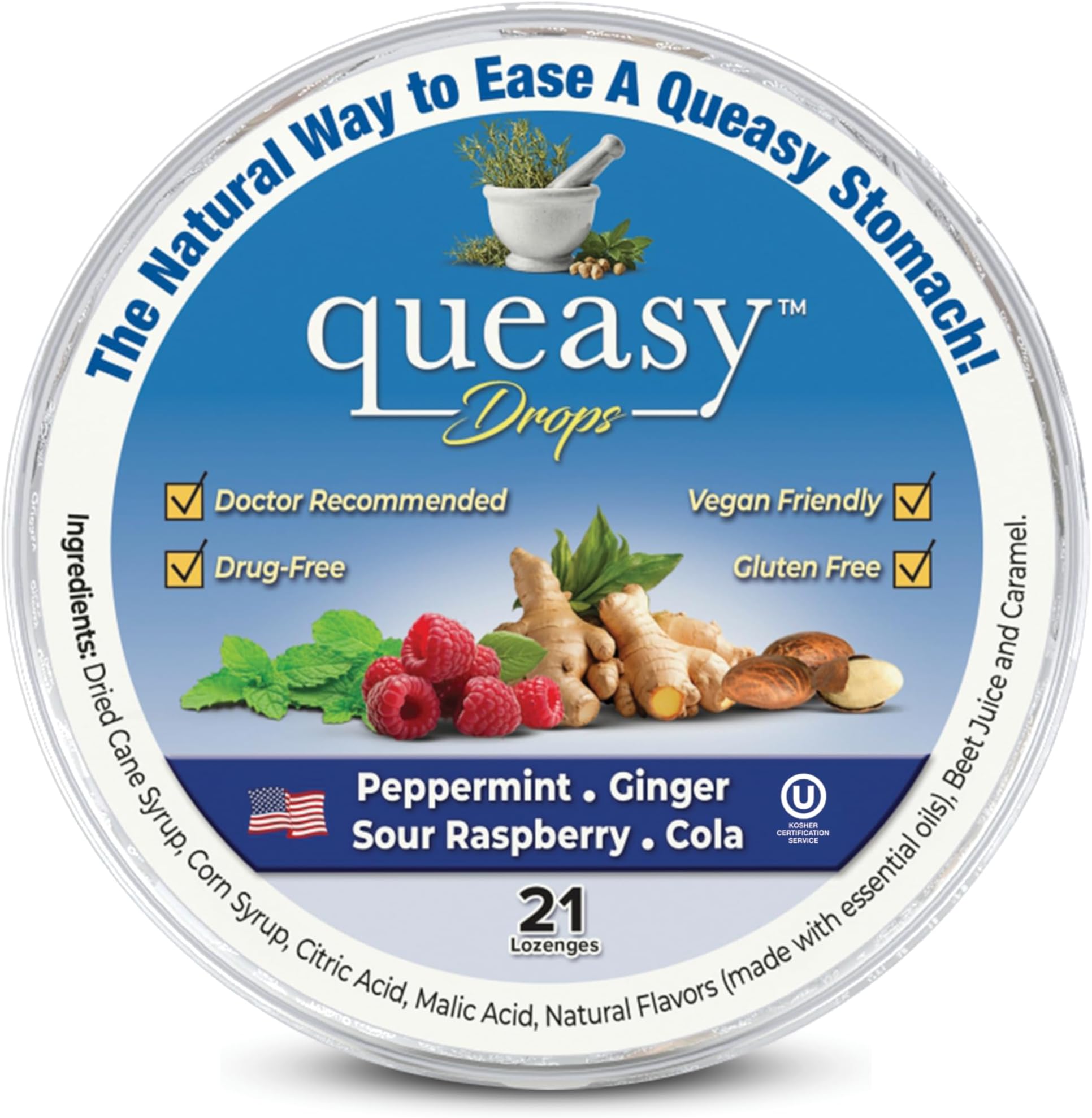 Three Lollies Queasy Drops - Ease Chemotherapy Nausea & Travel Sickness - Alleviates a Dry Mouth - Natural Ingredients - 21 ct