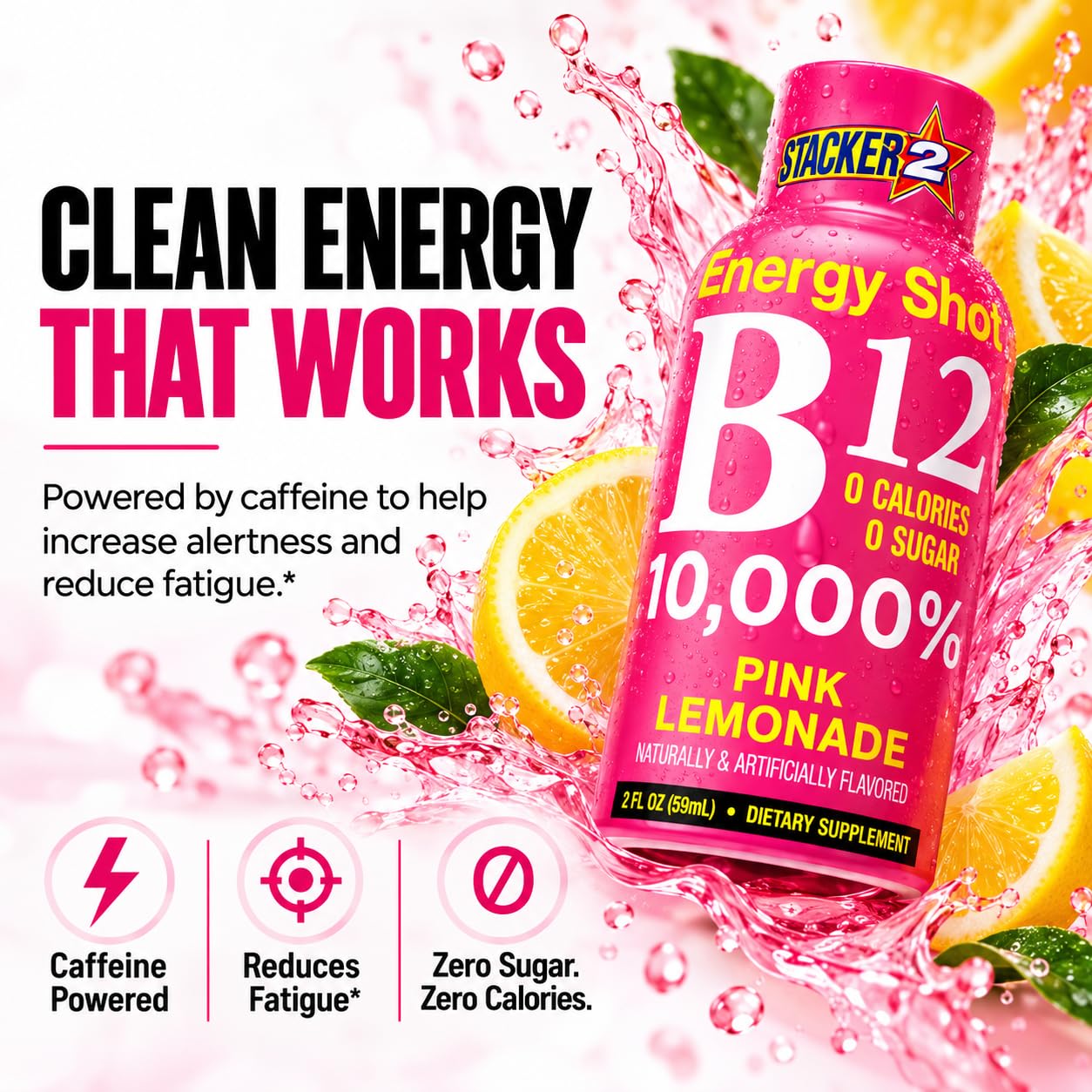 STACKER 2 B12 Energy Shots, Pink Lemonade, 12 Pack – 10,000% Daily Value Vitamin B12, Sugar Free, Zero Calories, Caffeine Energy Supplement, 2 fl oz Bottles — Amazon image 5