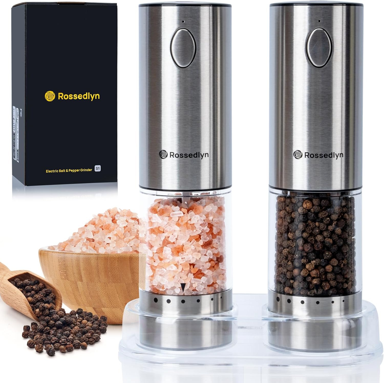 Electric Salt and Pepper Grinder Set, Christmas Kitchen Gift, Rechargeable with LED Light, Large Capacity Stainless Steel Refillable Pepper Mill Set with 6 Adjustable Coarseness
