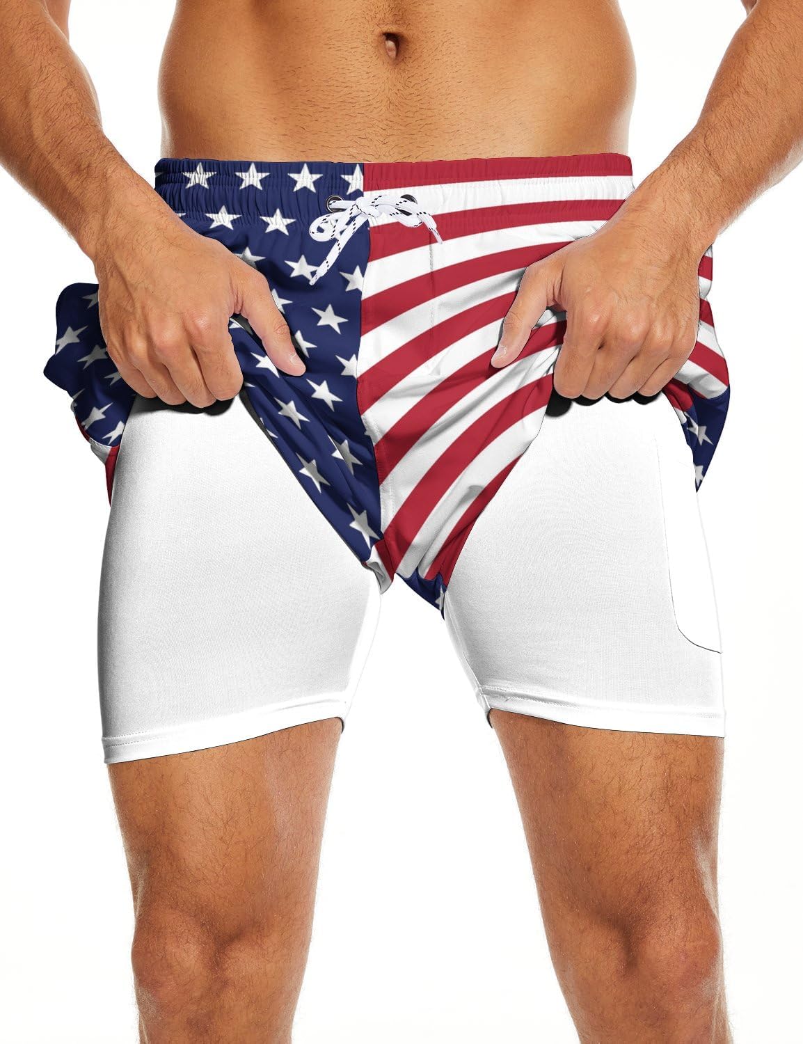 Mens Swim Trunks with Liner Breathable Compression Swim Shorts with 3 Pockets Flag Bathing Suit for Beach - Image 2