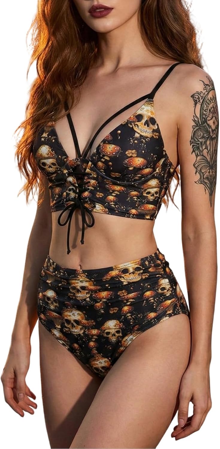 DRESSFO Skulls Mushroom Tankini Swimsuit Women High Waisted Ruched Lace Up Bathing Suits