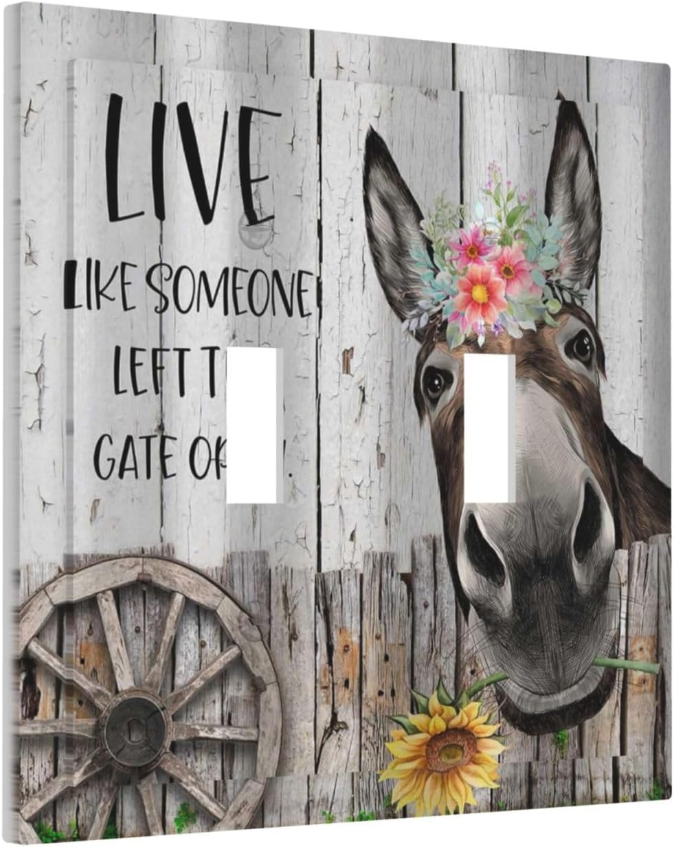 Decorative Switch Plate Covers Vintage Funny Donkey Rustic Farm Farmhouse Animal Wood Plank 2 Gang Wall Plate Double Toggle Light Switch Cover Plate Electric Dual Device Electrical Faceplate image 2