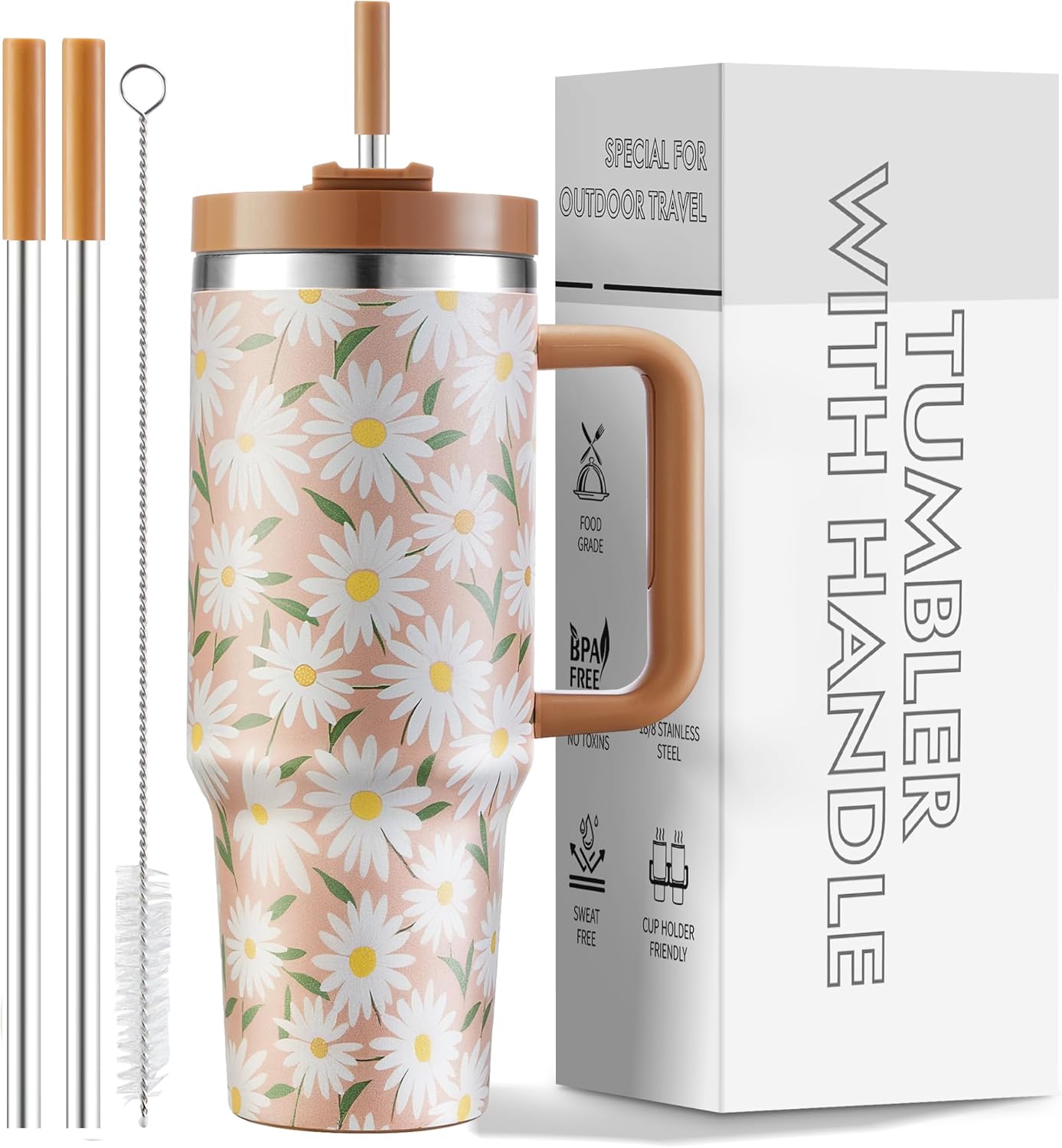 40 oz tumbler with handle and straw, 2 in 1 lid, vacuum insulated stainless steel double wall water bottle travel mug - holiday gifts for women men - daisy daisy 40 ounces