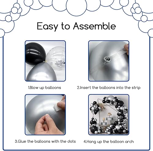 Miniatura 3 de COKAOBE Kit de guirnalda de globos negros y plateados, 124 piezas de arco de globos de confeti plateado metálico negro para compromisos de boda,