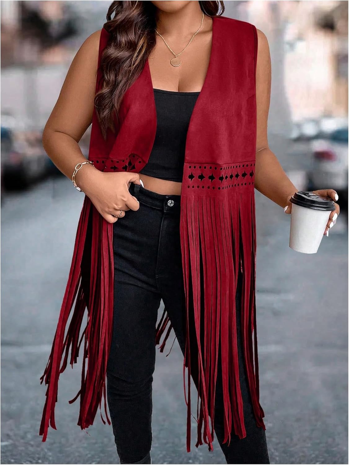 Women's Plus Size Western Fringe Vest Vintage Tassel 70s Hippie Sleeveless Jackets Cowgirl Outfit - Image 3