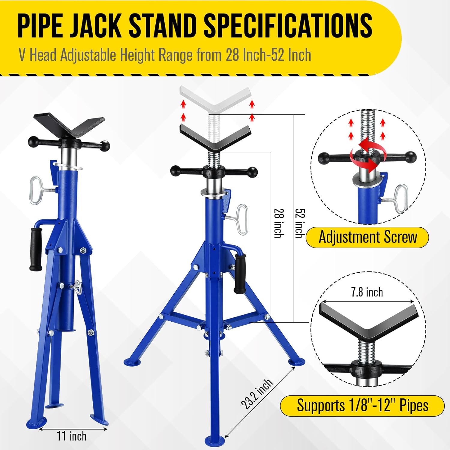 V-Head Pipe Jack Stand, 2500LB Load Capacity Heavy Duty Steel Jack Stands with Folding Legs, 28"-52" Adjustable Height Portable Tripod Pipe Stands for Welding, Pipe Threading