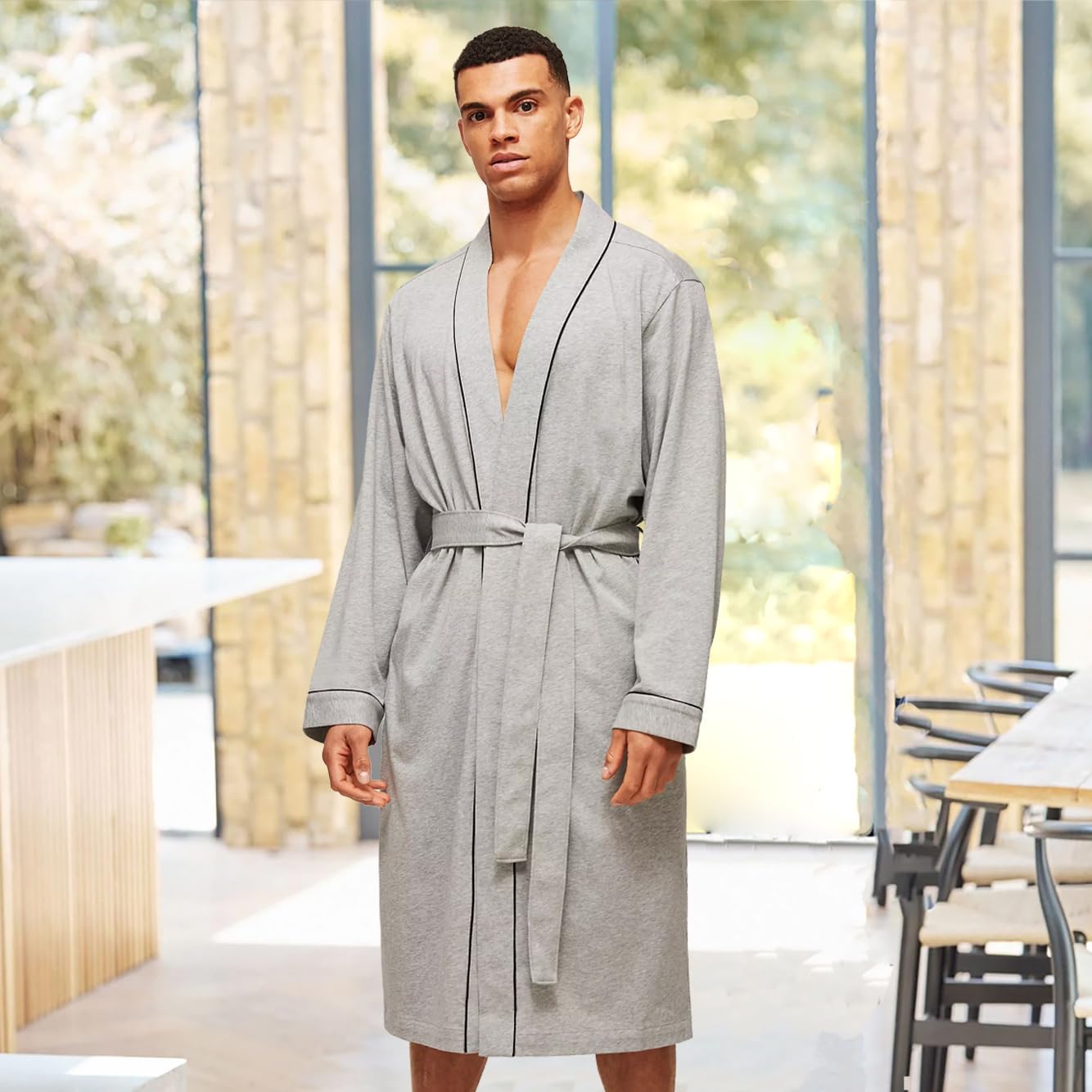 HOLOVE Men's Pure Cotton Bathrobe Lightweight Kimono and Hooded Spa Robes Soft Sleepwear