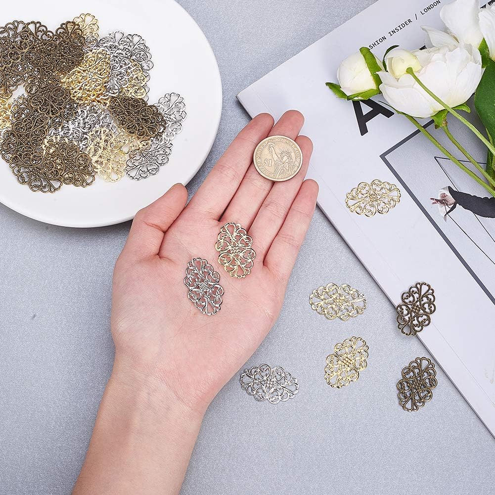 PH PandaHall 150 pcs 3 Colors Tibetan Style Iron Oval Filigree Charm Pendant Link Connectors for Earring Necklace Jewelry DIY Craft Making, Mixed Colors - Image 3