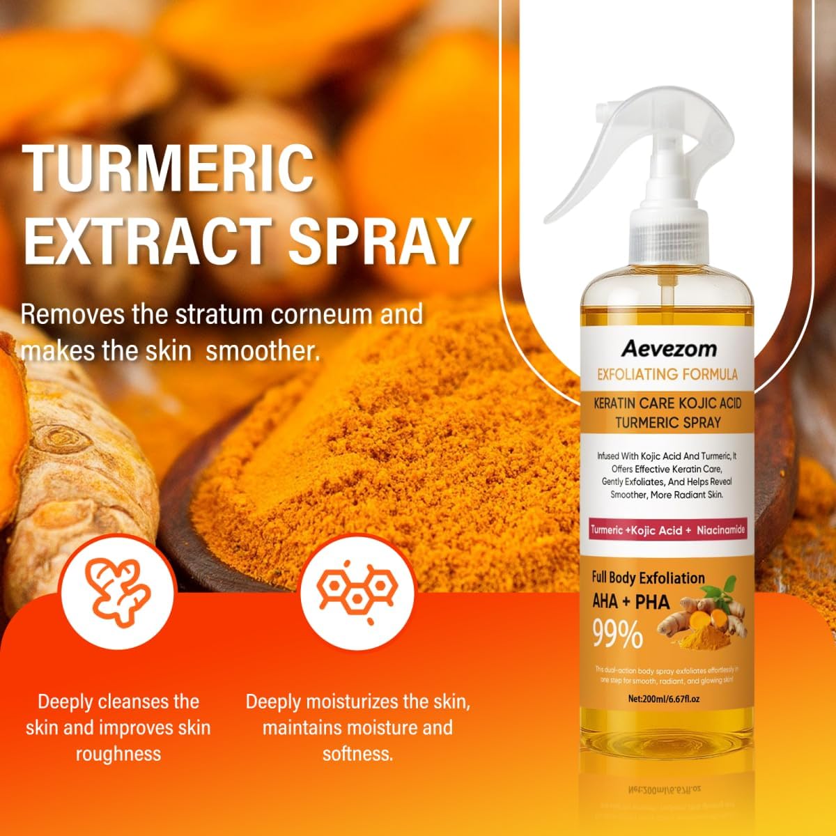 Body Turmeric Spray 200ml 6.67Fl Oz 1 Pack | Exfoliating with Retinol, Niacinamide Keratin Care Kojic Acid for Face & Body - All Skin Types