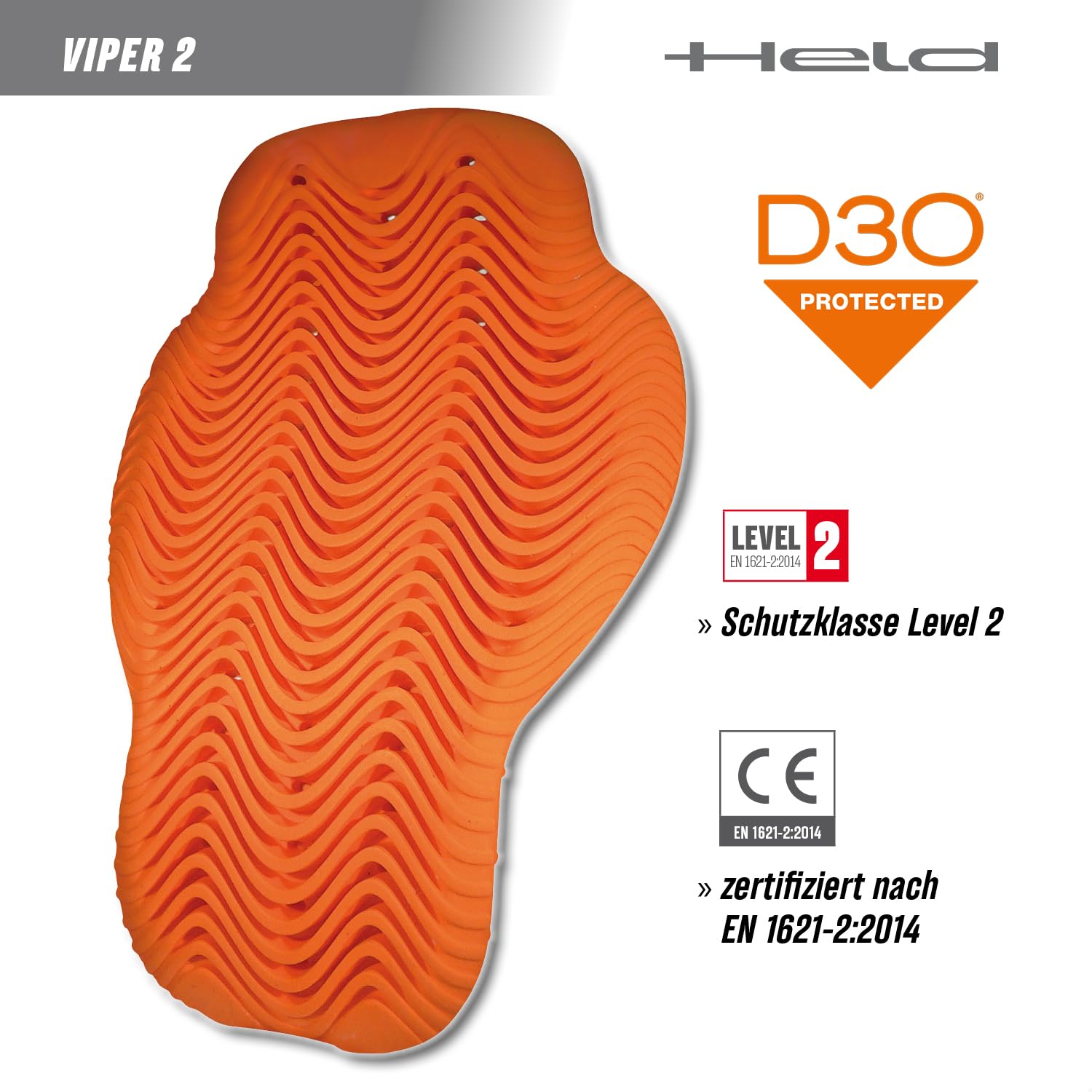 Held D3O Viper 2 Rückenprotektor Motorrad, Ski und Snowboard - Patentierte Airwave Technologie, Flexibel, Leicht, Atmungsaktiv - CE Level 2 Schutzklasse EN 1621-2:2014 zertifiziert - Orange - Gr. S-XL