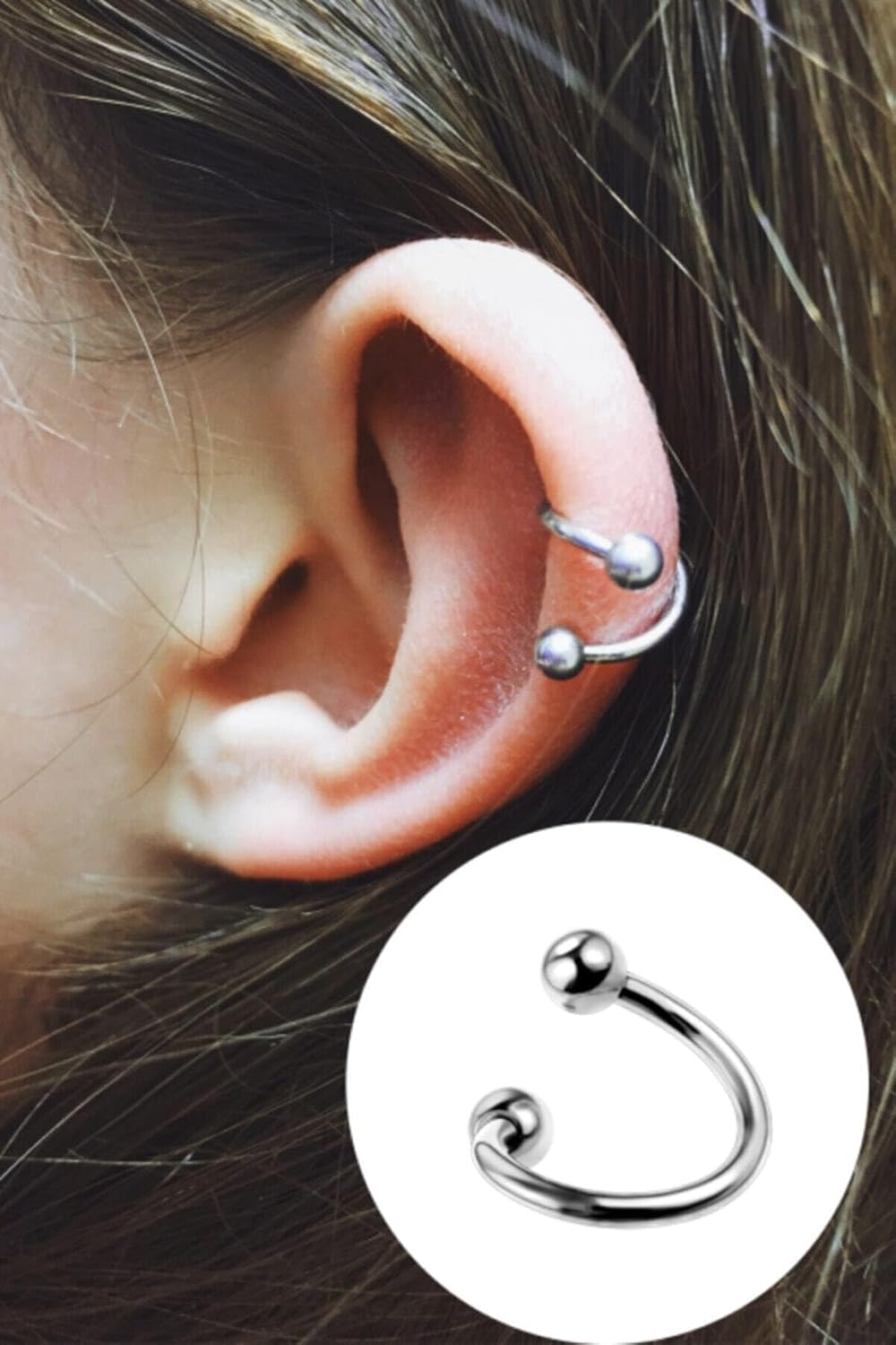 Cerrahi Çelik Spiral Model Iki Ucu Toplu Gümüş Renk Piercing, gümüş