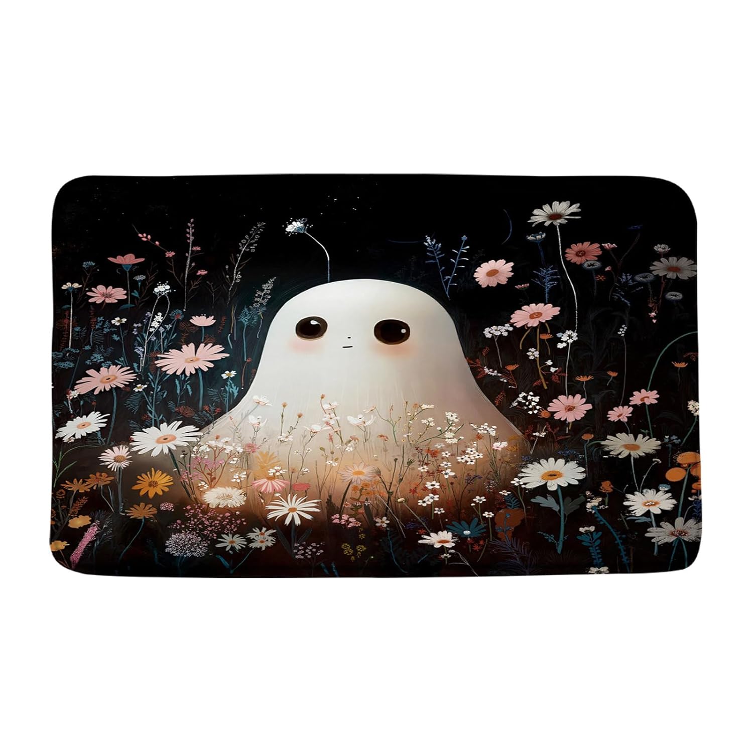 Halloween Spooky Bath Mat Cute Funny Ghost Watercolor Daisy Floral Natural Plant Gothic Horror Cartoon Happy Holiday Memory