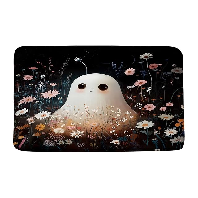 Halloween Spooky Bath Mat Cute Funny Ghost Watercolor Daisy Floral Natural Plant Gothic Horror Cartoon Happy Holiday Memory