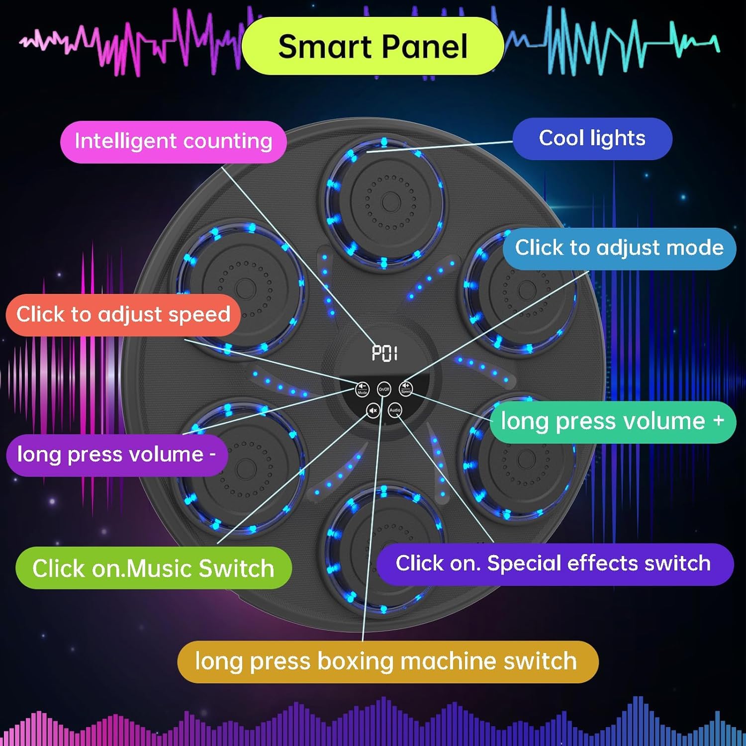Music Boxing Machine Da Parete Con Luci LED E Bluetooth – Punch Machine Per Adulti E Bambini, 7 Velocità, Conta Colpi, Inclusi Guanti MMA, Installazione Senza Fori