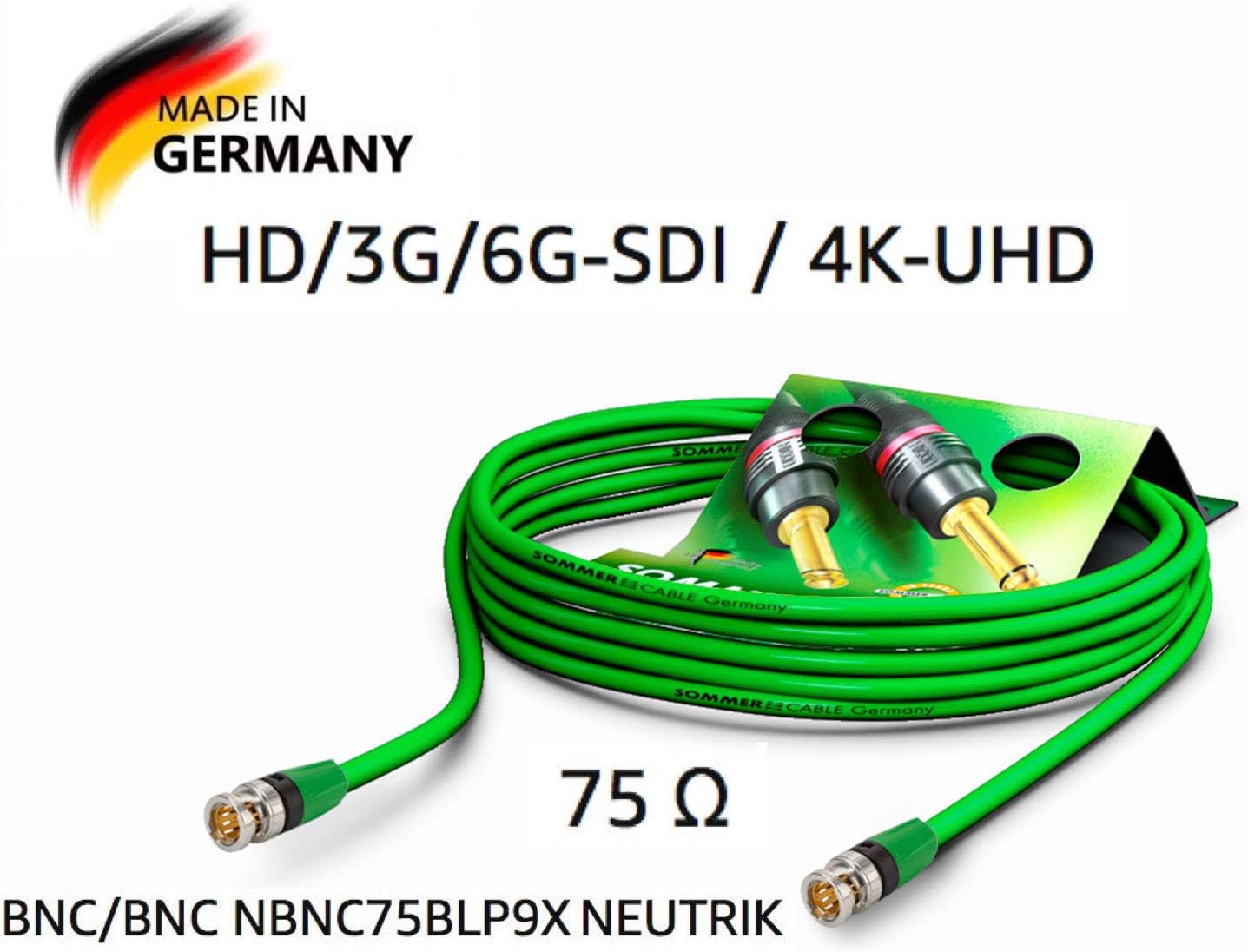 Sommer Cable Video Patch Cable 6G-SDI / 4K SC-Vector 0.8 / 3.7, BNC/BNC NBNC75BLP9X Neutrik Green, 164ft (50m) - Image 3