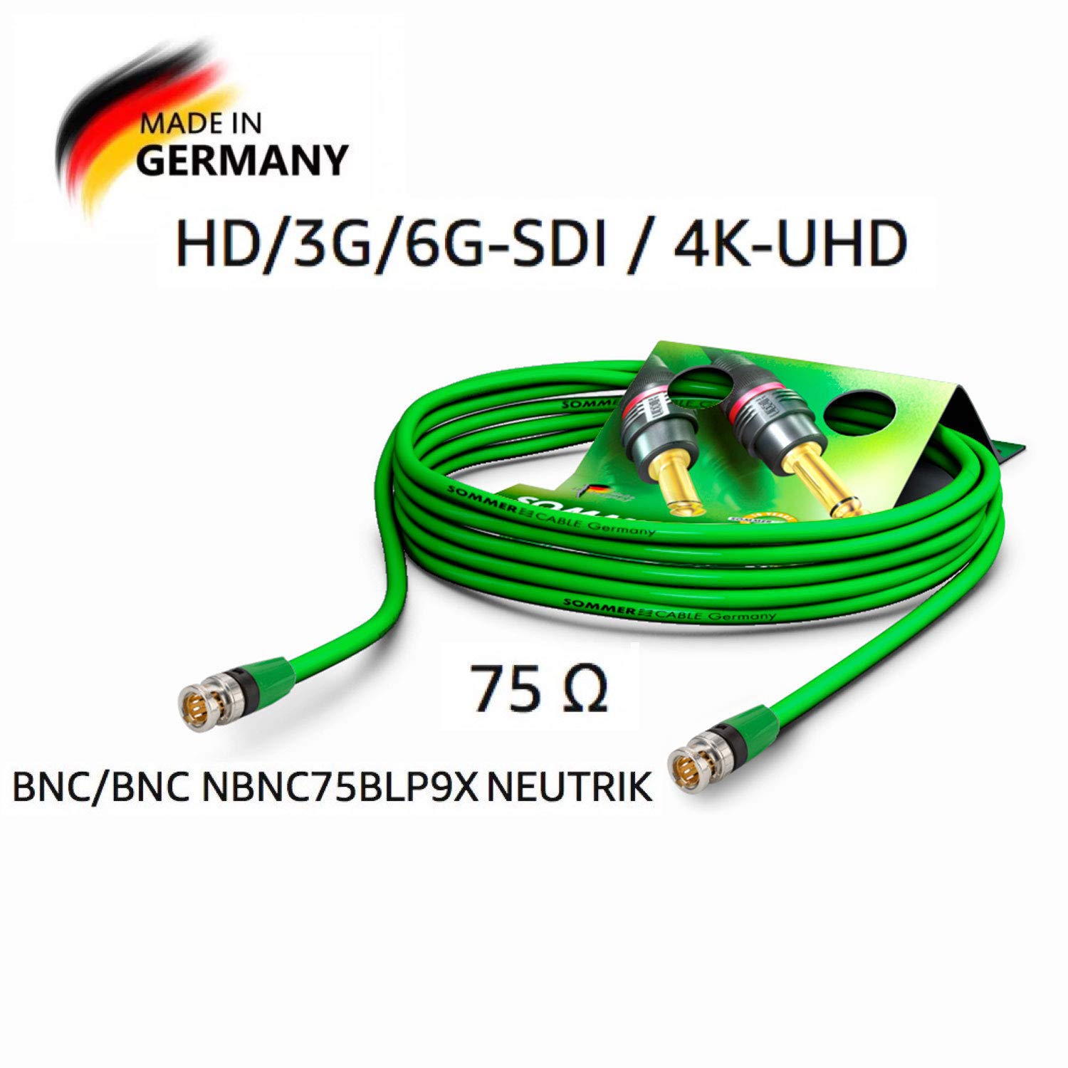 Sommer Cable - Cavo Patch video 6G-SDI/4K, SC-Vector 0,8/3,7, BNC/BNC NBNC75BLP9X NEUTRIK, verde