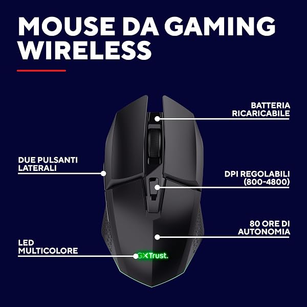 GXTrust 1108 Vylax Mouse Gaming Wireless Ricaricabile, 80 Ore di Autonomia, 800-4800 DPI, Illuminazione LED, Ricevitore USB Riponibile, 6 Pulsanti, Mouse Senza Fili RGB per Computer Laptop, Nero - 2