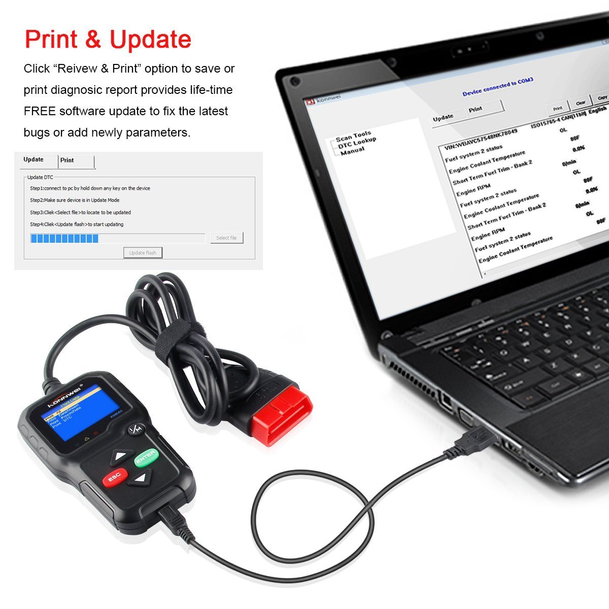 Skaner OBD2, uniwersalny skaner diagnostyczny OBD II CAN do odczytu błędów silnika samochodowego-skanowanie narzędzie do sprawdzania oświetlenia silnika KW680 z czujnikiem O2 i testem monitora pokładowego (czarny)