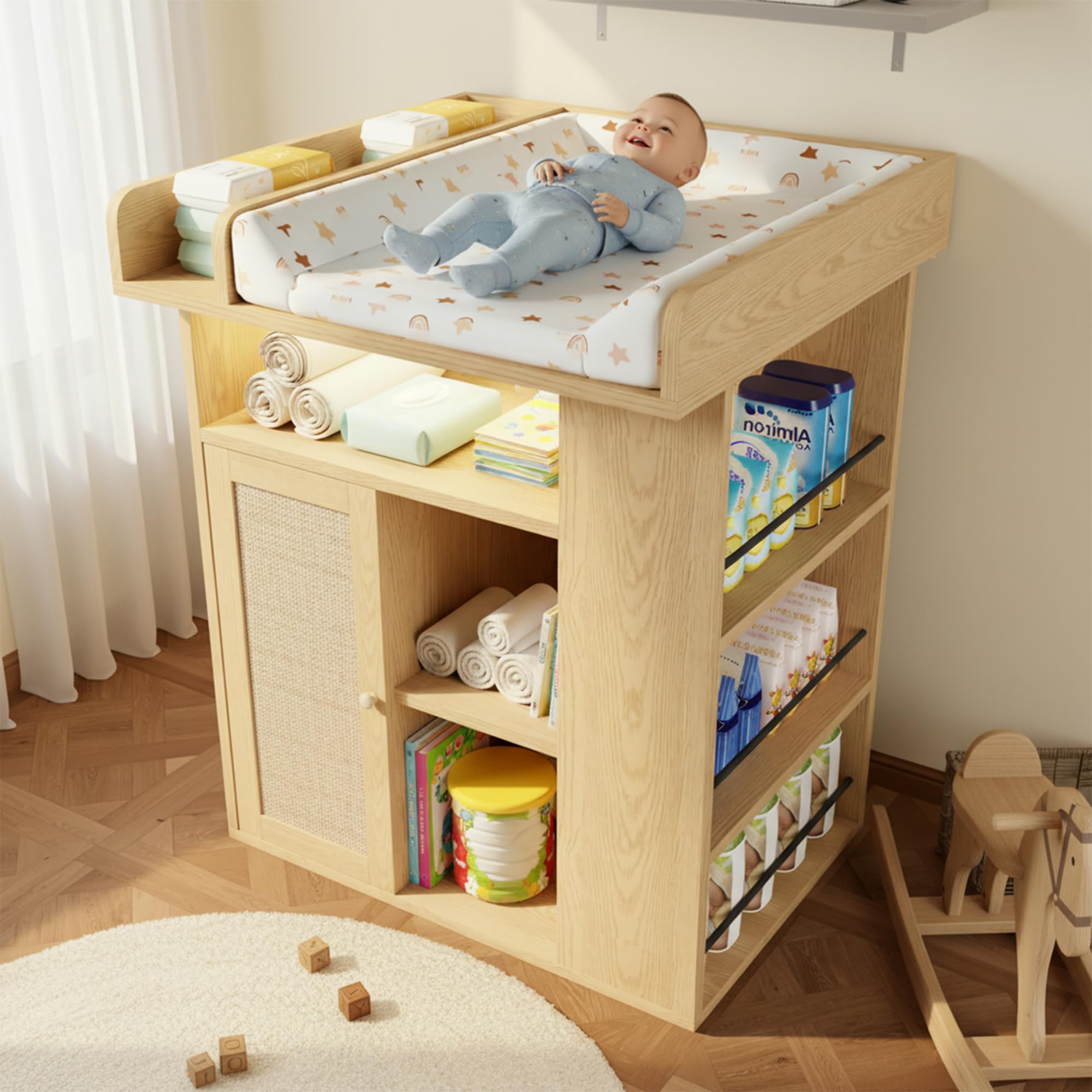 Cambiador de madera natural, gran espacio de almacenamiento, almacenamiento lateral, cambiador con divisor