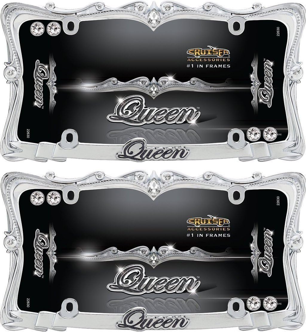 (2 Pack) Cruiser Accessories 22630 Chrome/Clear 'Queen' License Plate Frame with Fastener Caps
