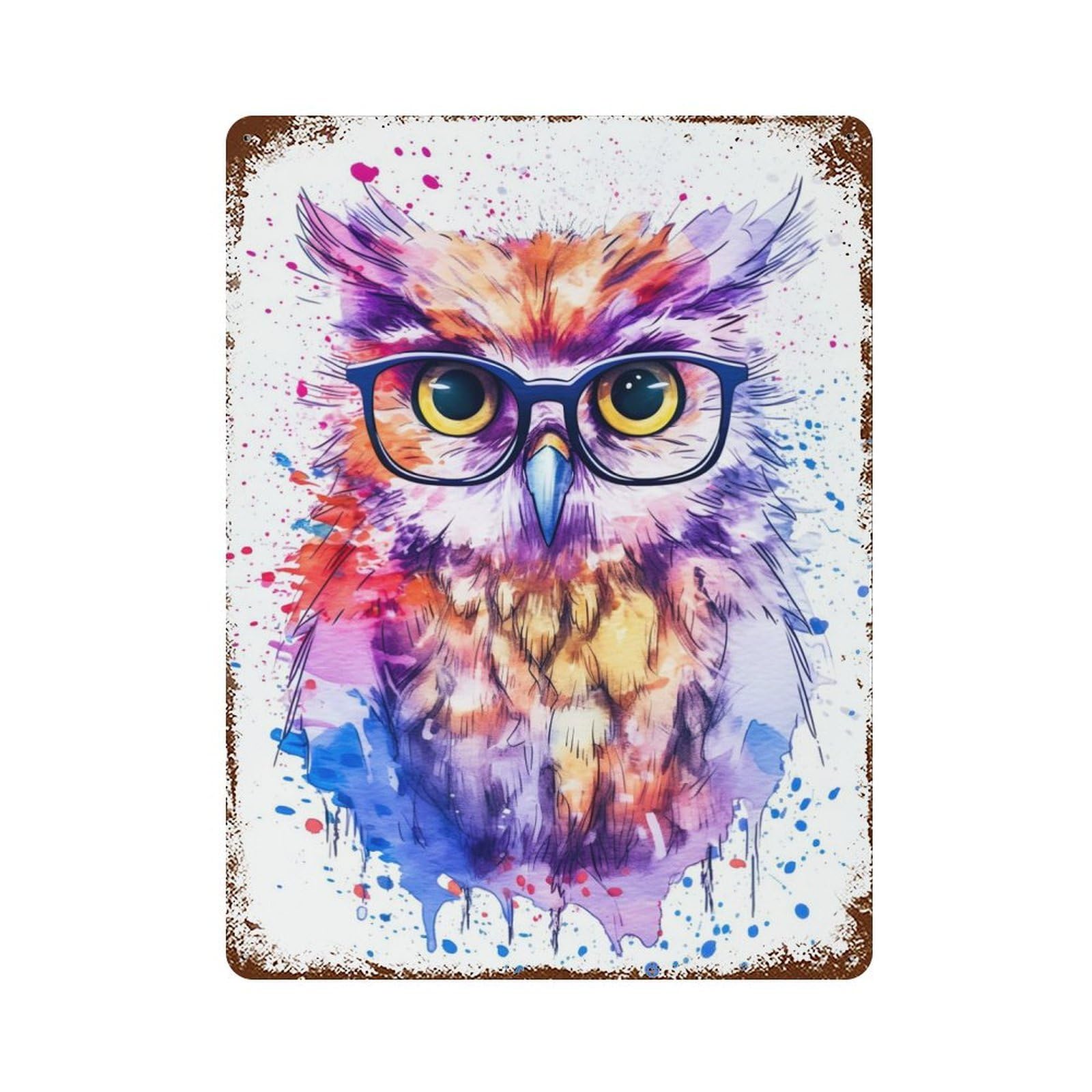 Cute Owl Wearing Glasses Rusty Metal Tin Sign 15.7"x11.8", Industrial Home Decor for Garage, Pub Or Kitchen